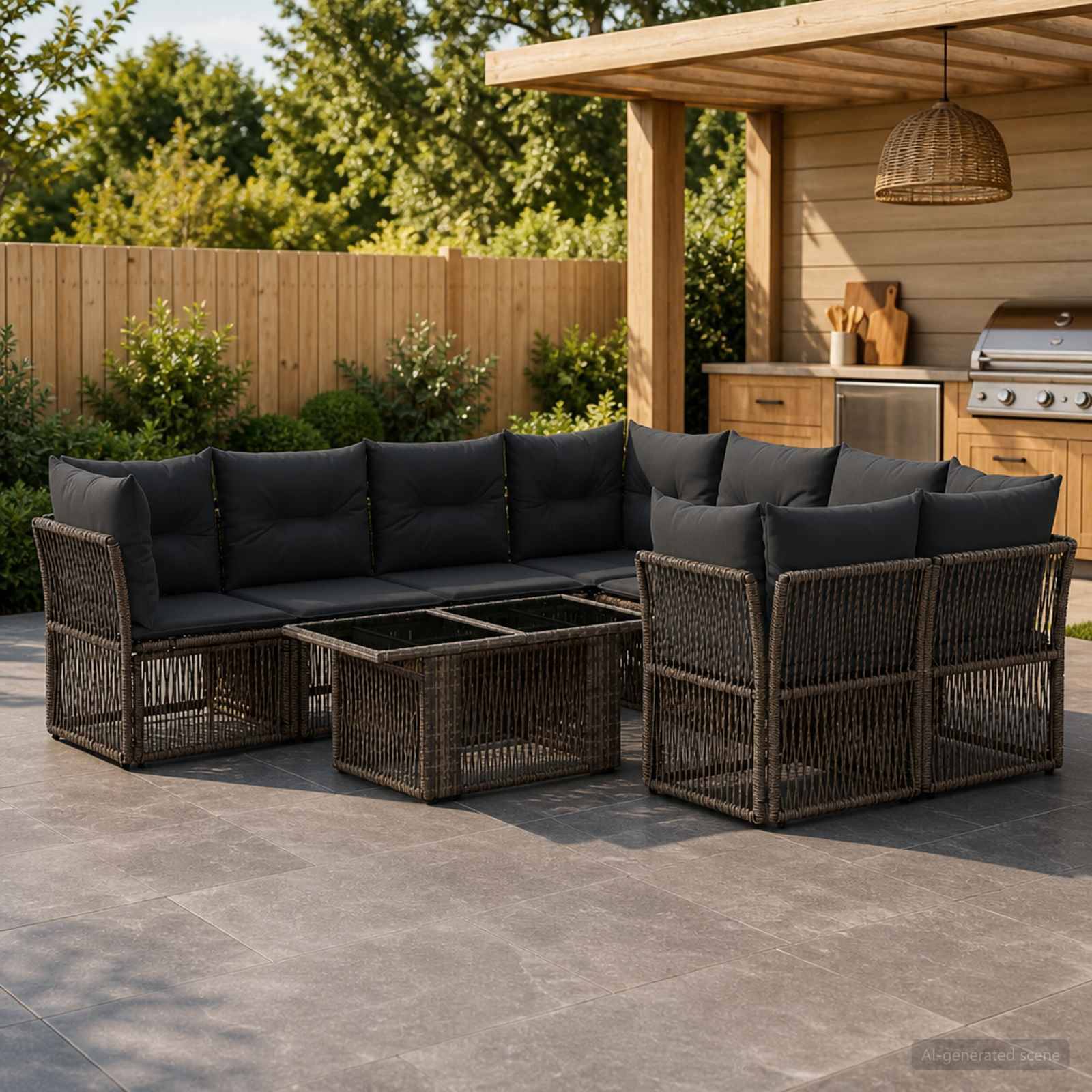 Outdoor-Terrasse mit dunklem Polyrattan-Ecksofa und Couchtisch neben einem eingebauten Grill und einer Holzpergola in einem eingezäunten Hinterhof.