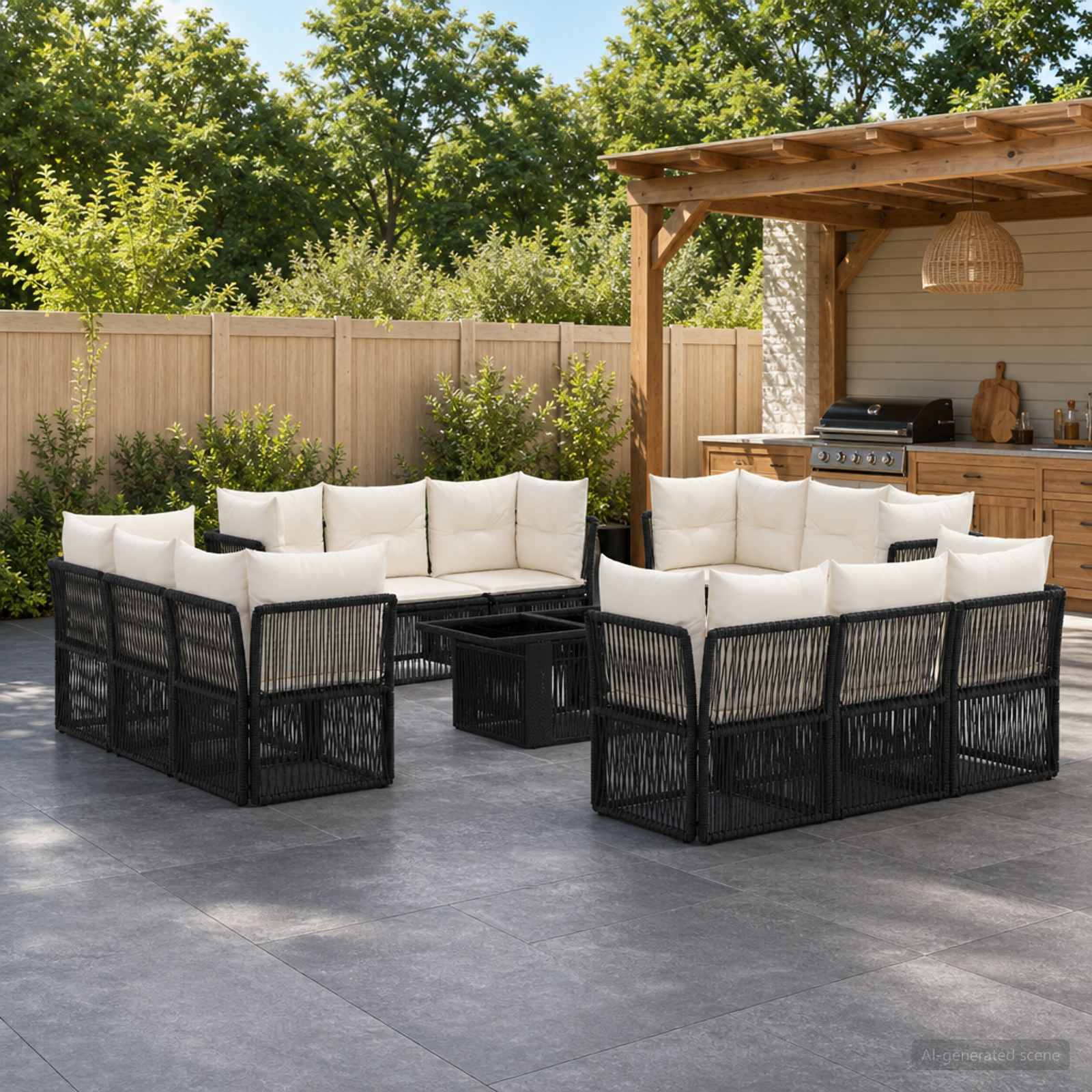 Outdoor-Terrasse mit zwei schwarzen Korbrattan-Ecksofa und einem Couchtisch neben einem pergolabeschatteten Grillbereich in einem eingezäunten Hinterhof.
