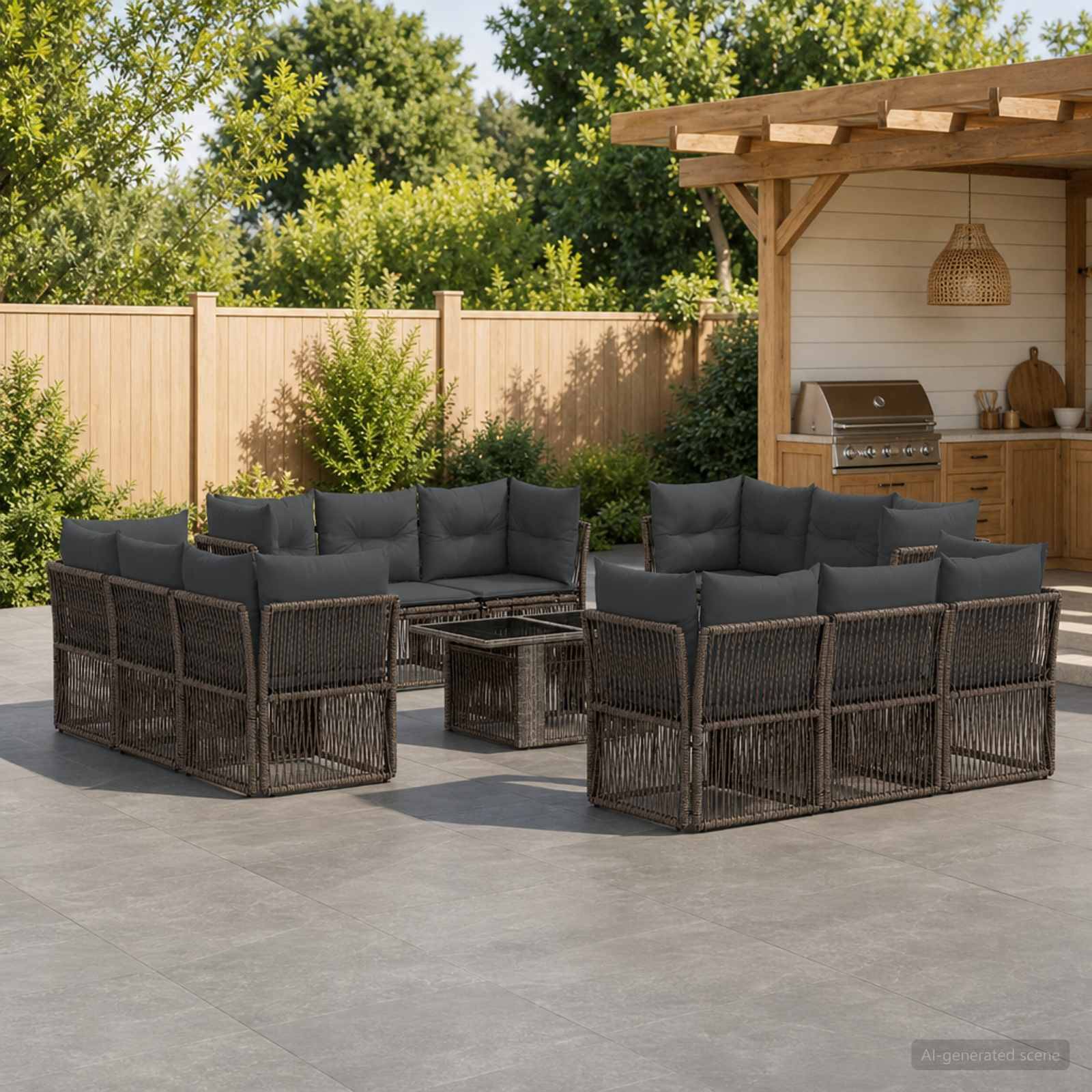 Gartensitzgruppe mit vier dunklen Rattansofas um einen quadratischen Couchtisch neben einer hölzernen Außenküche und eingezäuntem Garten.