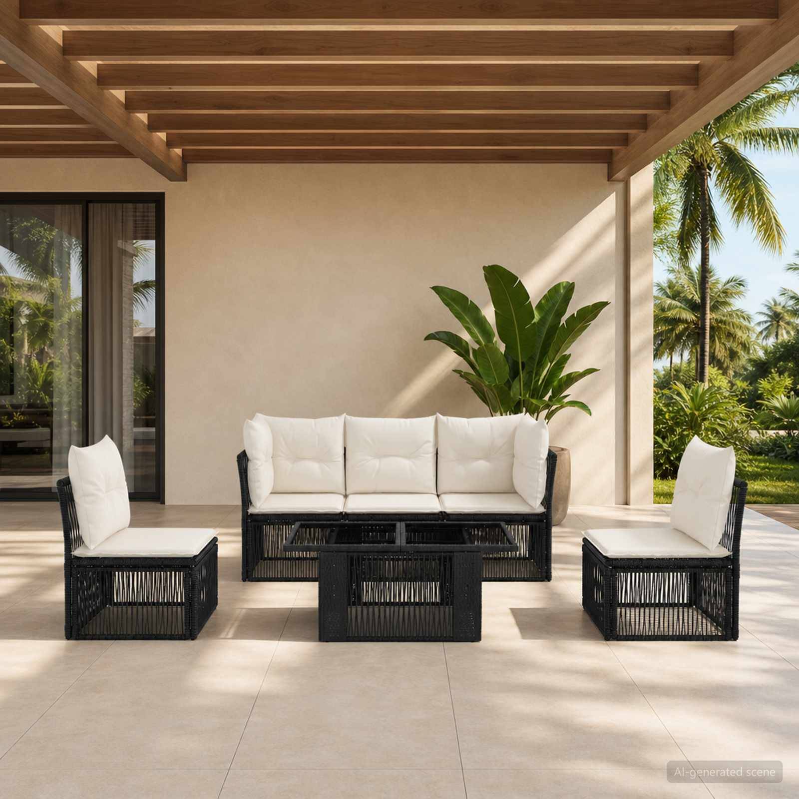 Terasse im Freien mit schwarzem Rattan-Sofa, zwei Sesseln und Couchtisch unter einer Holzpergola, mit tropischen Palmen im Hintergrund.