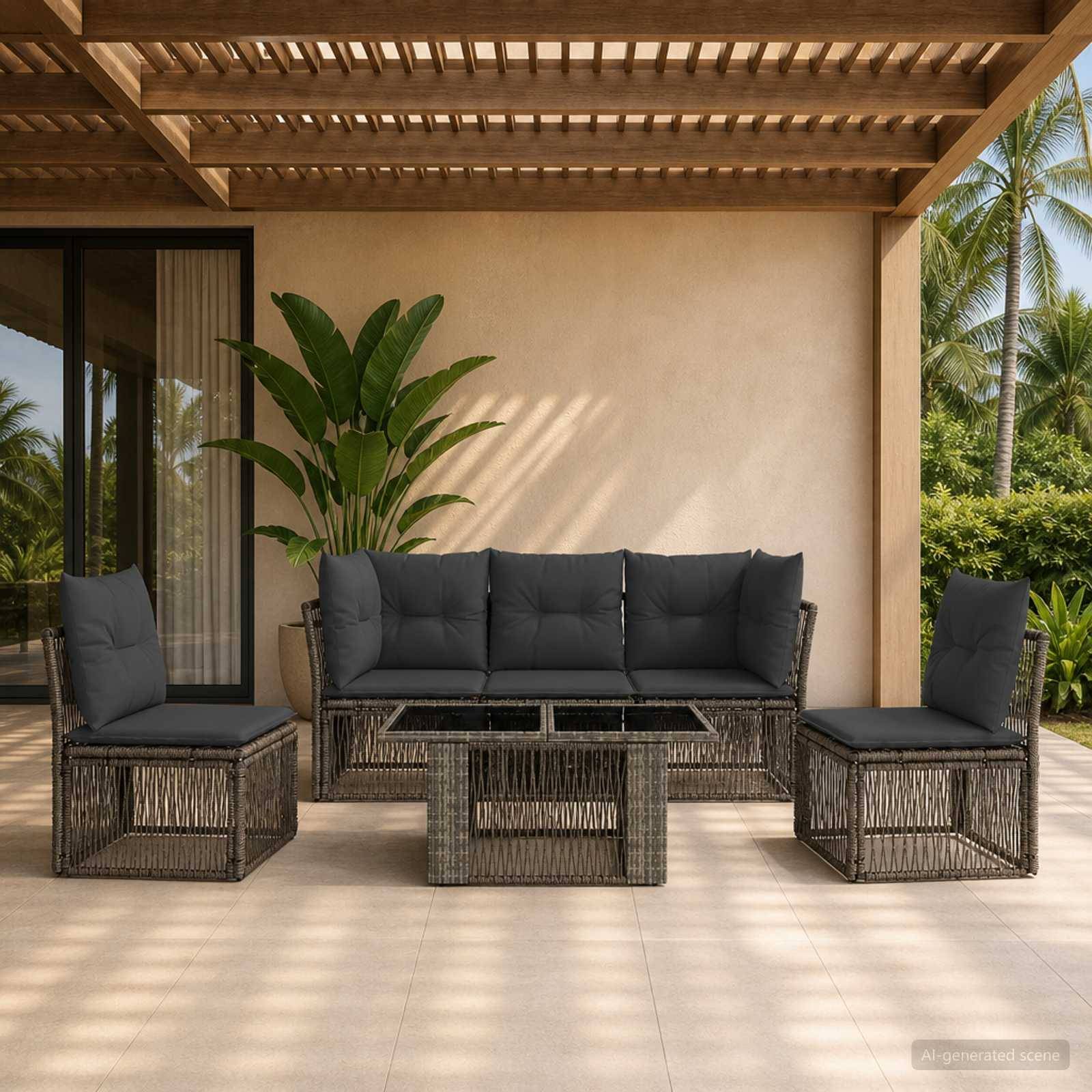 Außenbereich mit Sitzecke auf der Terrasse mit Korbsofa, zwei Stühlen und einem Glastisch unter einer Holzpergola, neben einem Haus und tropischen Pflanzen.