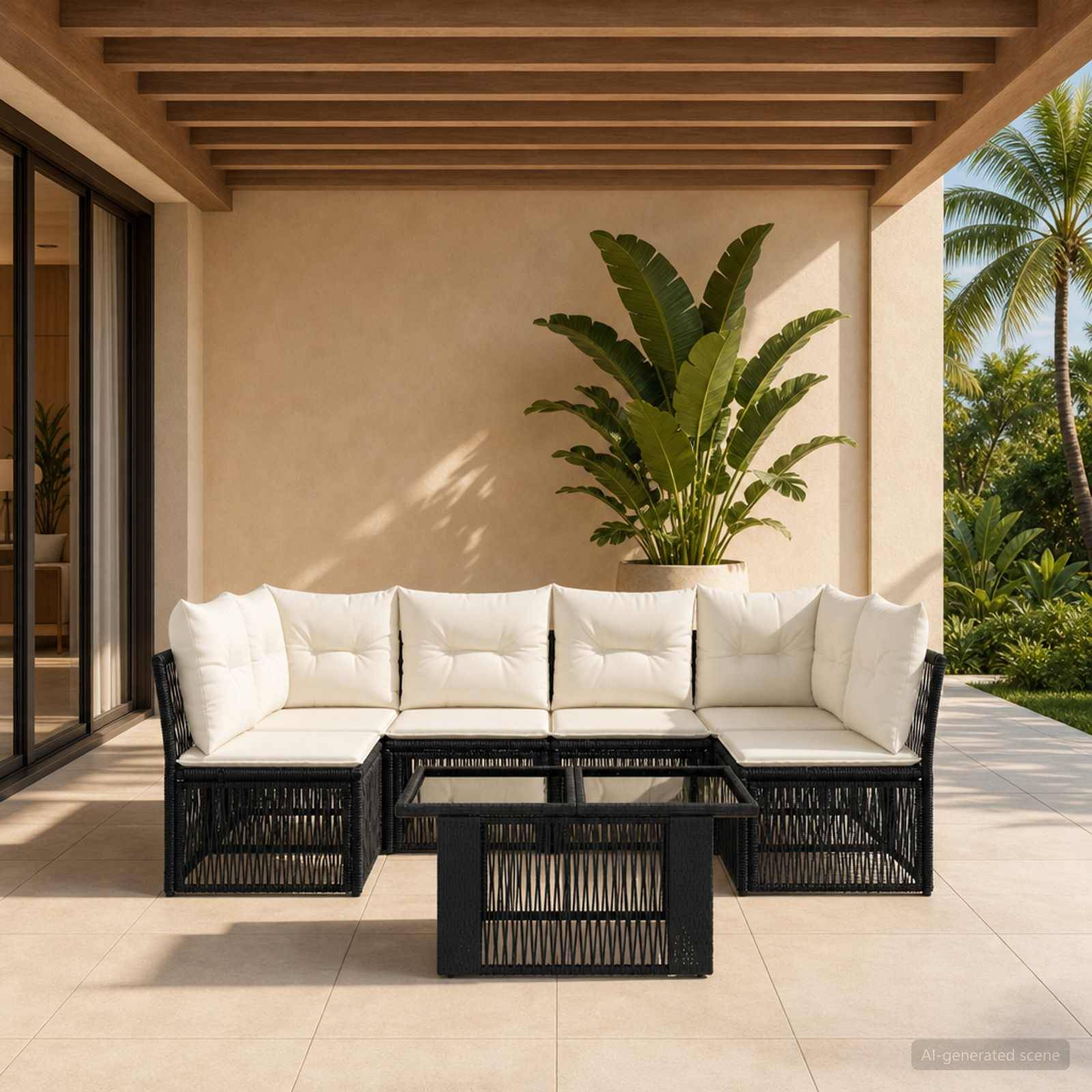 Terrasse im Freien mit schwarzem Rattan-Ecksofa und passendem Couchtisch unter einer Holzpergola, umrahmt von tropischen Pflanzen und Palmen.