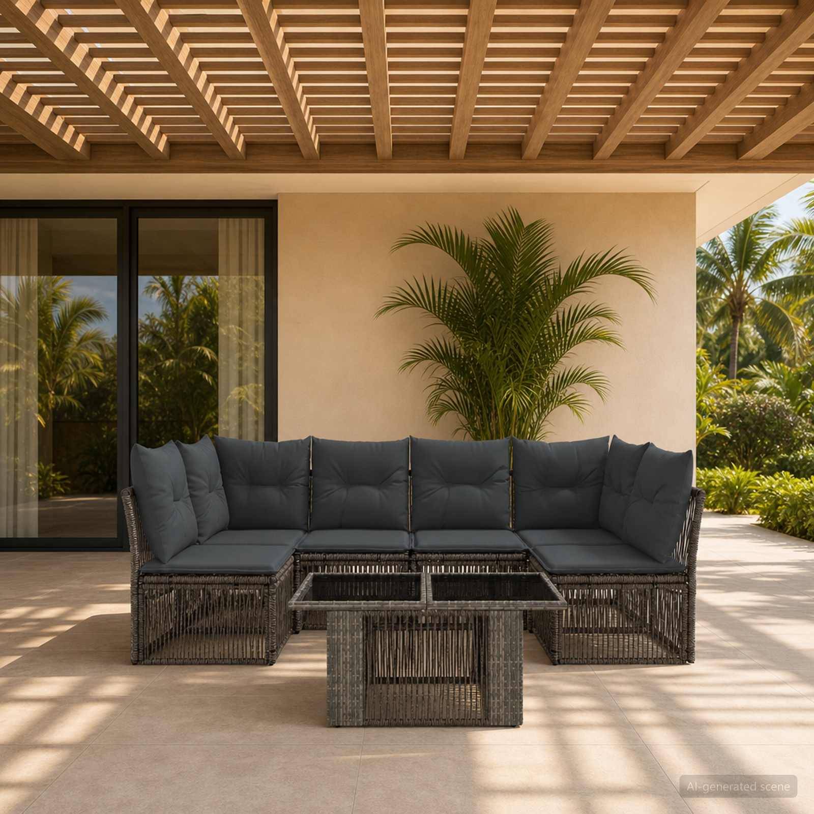 Outdoor-Sitzbereich mit dunklem Rattan-Sofa und Glastisch unter einer Holzpergola, neben einer Schiebetür und tropischen Pflanzen.