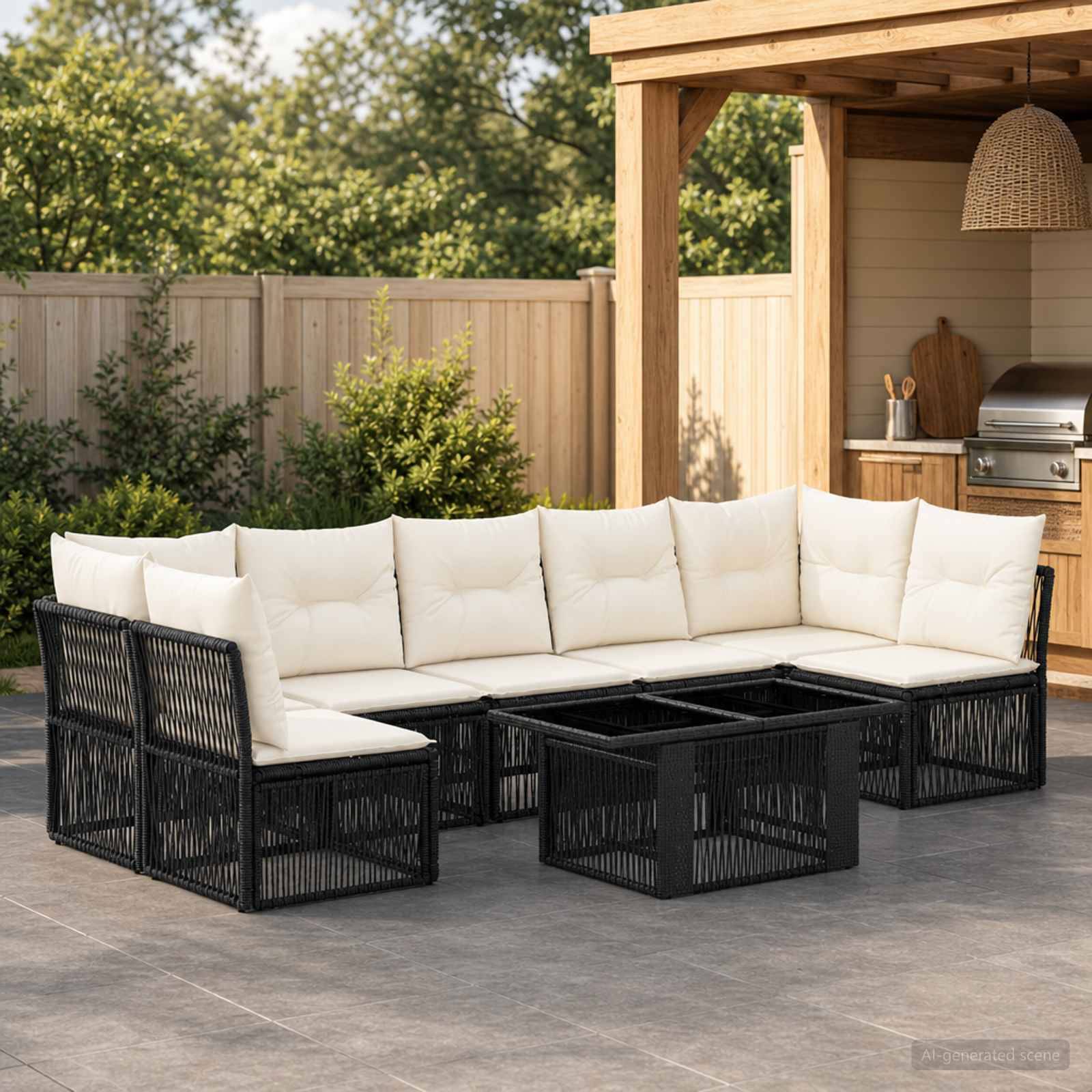 Outdoor-Ecksofa für die Terrasse mit weißen Kissen, schwarzem geflochtenem Rahmen und passendem Couchtisch auf einer gefliesten Terrasse neben einer Holzpergola und einem Zaun.