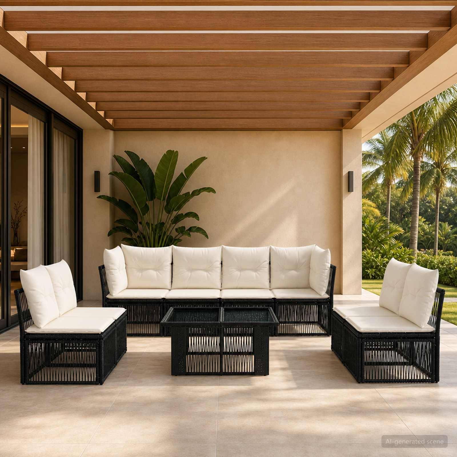 Outdoor-Sitzbereich auf der Terrasse mit schwarzem Rattansofa, Stühlen und Couchtischen unter einer Holzpergola, mit Palmen im Hintergrund.