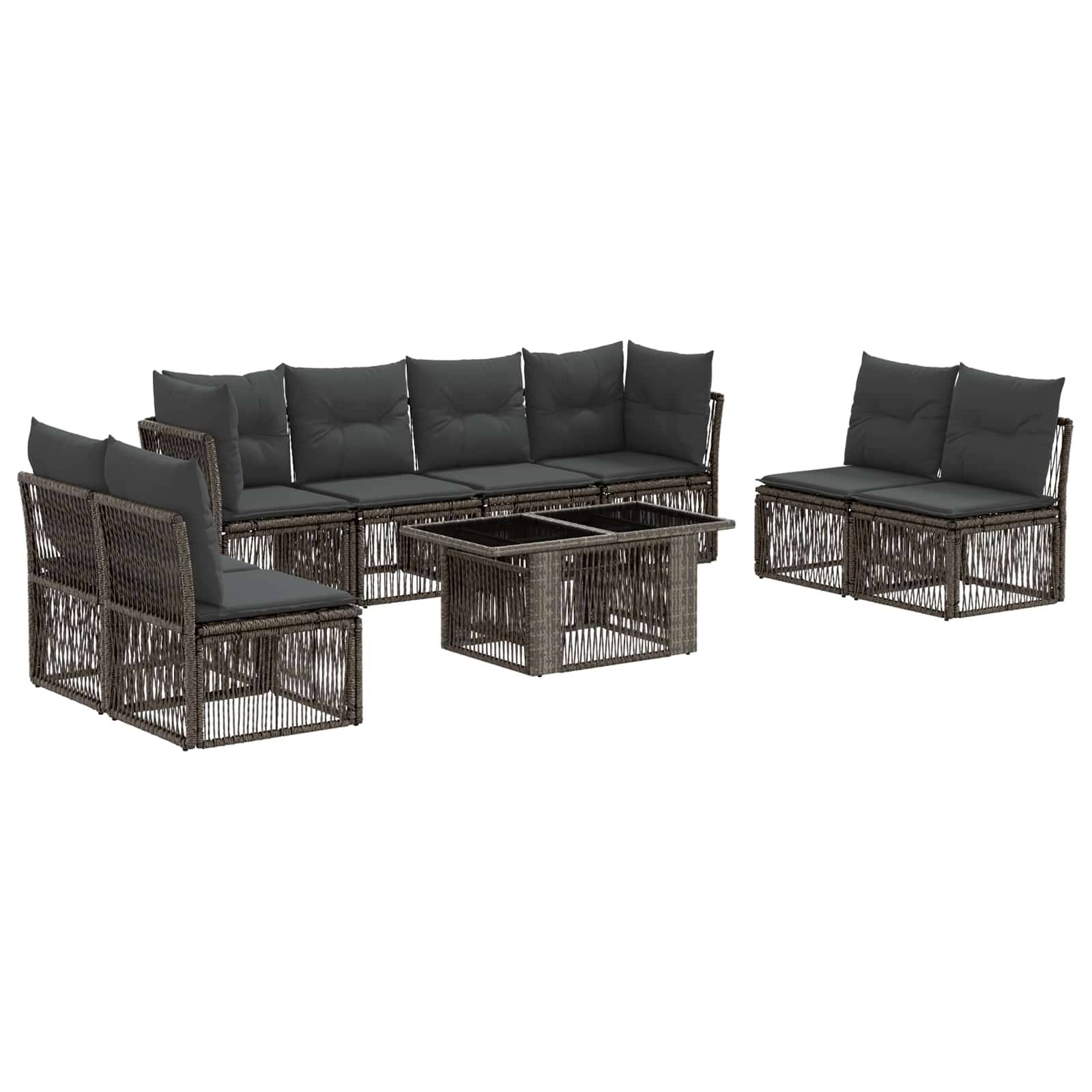 Outdoor-Rattan-Patiosektional-Set mit dunklen Kissen und passendem Glastisch-Couchtisch, dargestellt in mehreren Sitzmöbeln auf weißem Hintergrund.