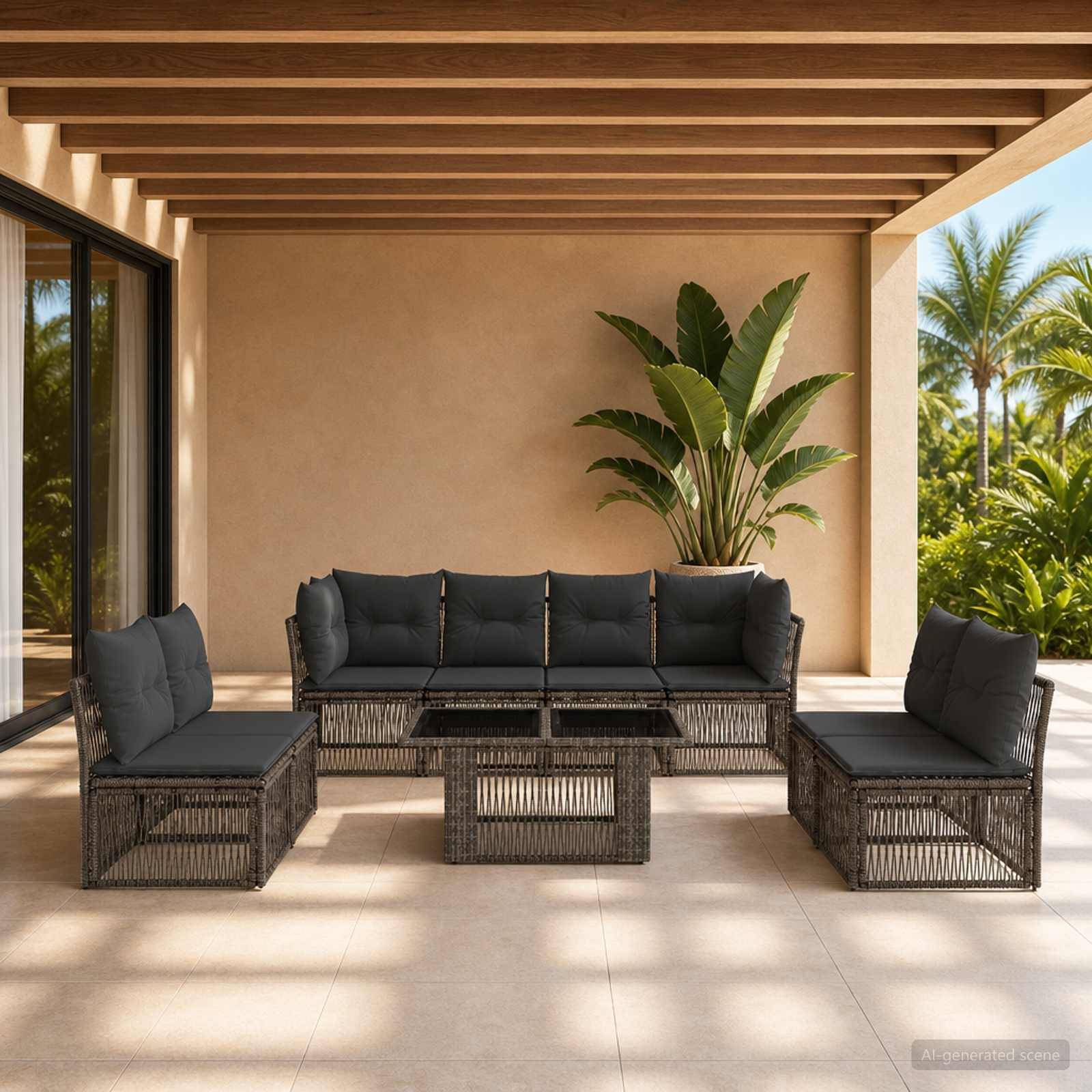 Modische Außenterrasse mit dunkelm Rattan-Ecksofa, Couchtisch und Topfpflanze mit tropischen Pflanzen unter einer überdachten Pergola.