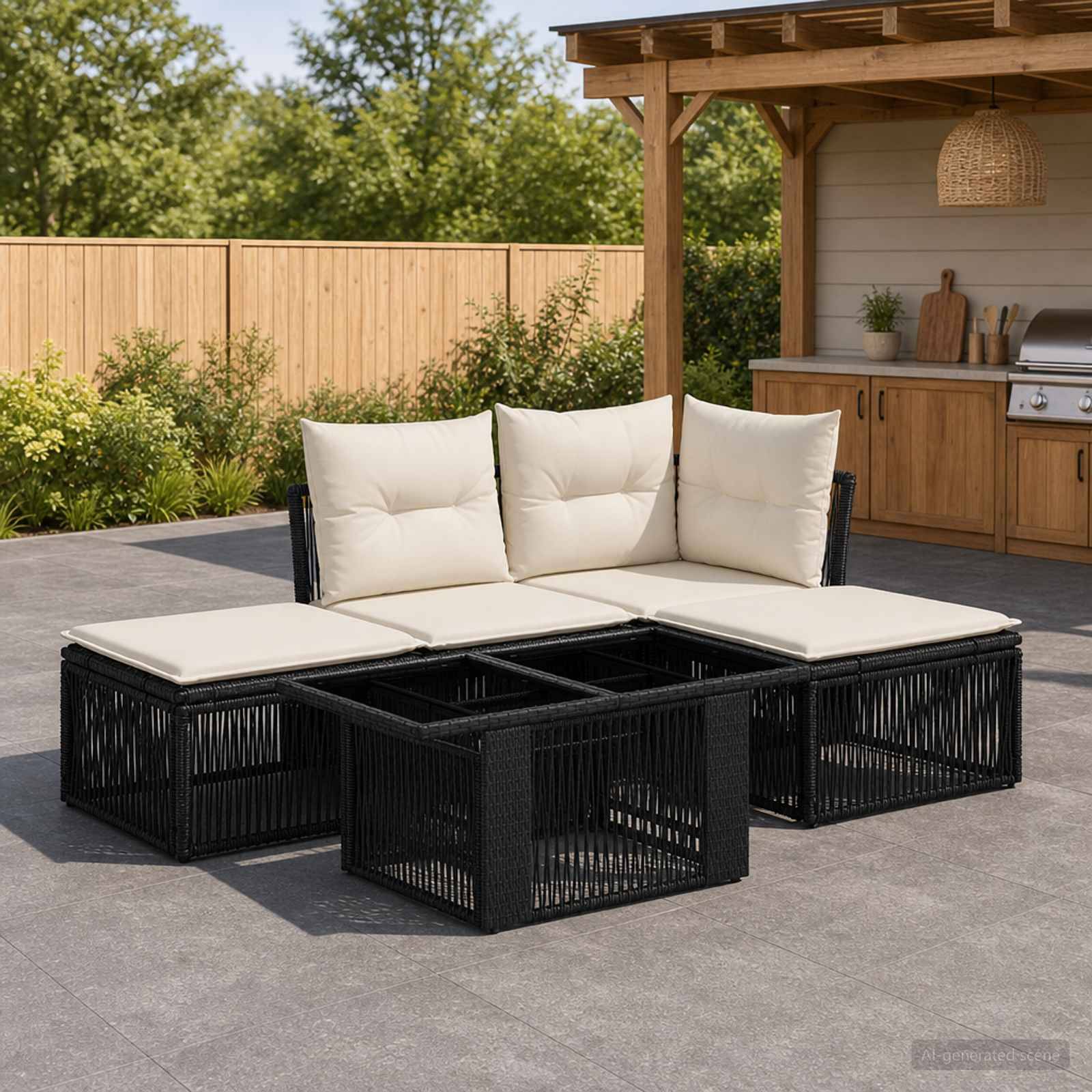 Outdoor-Terrassensofa mit Creme-Kissen und schwarzer geflochtener Basis, angeordnet um einen niedrigen Tisch in einem Hinterhof-Sitzbereich.