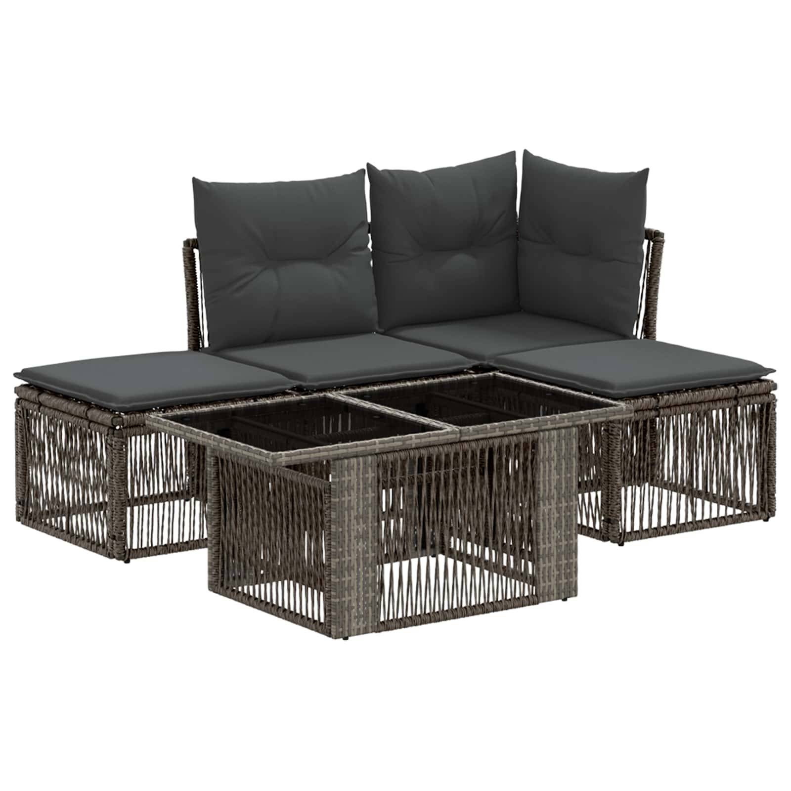 Braunes Rattan-Außen-Ecksofa mit dunklen Kissen und einem zentralen Couchtisch/Sitzkissen auf weißem Hintergrund.