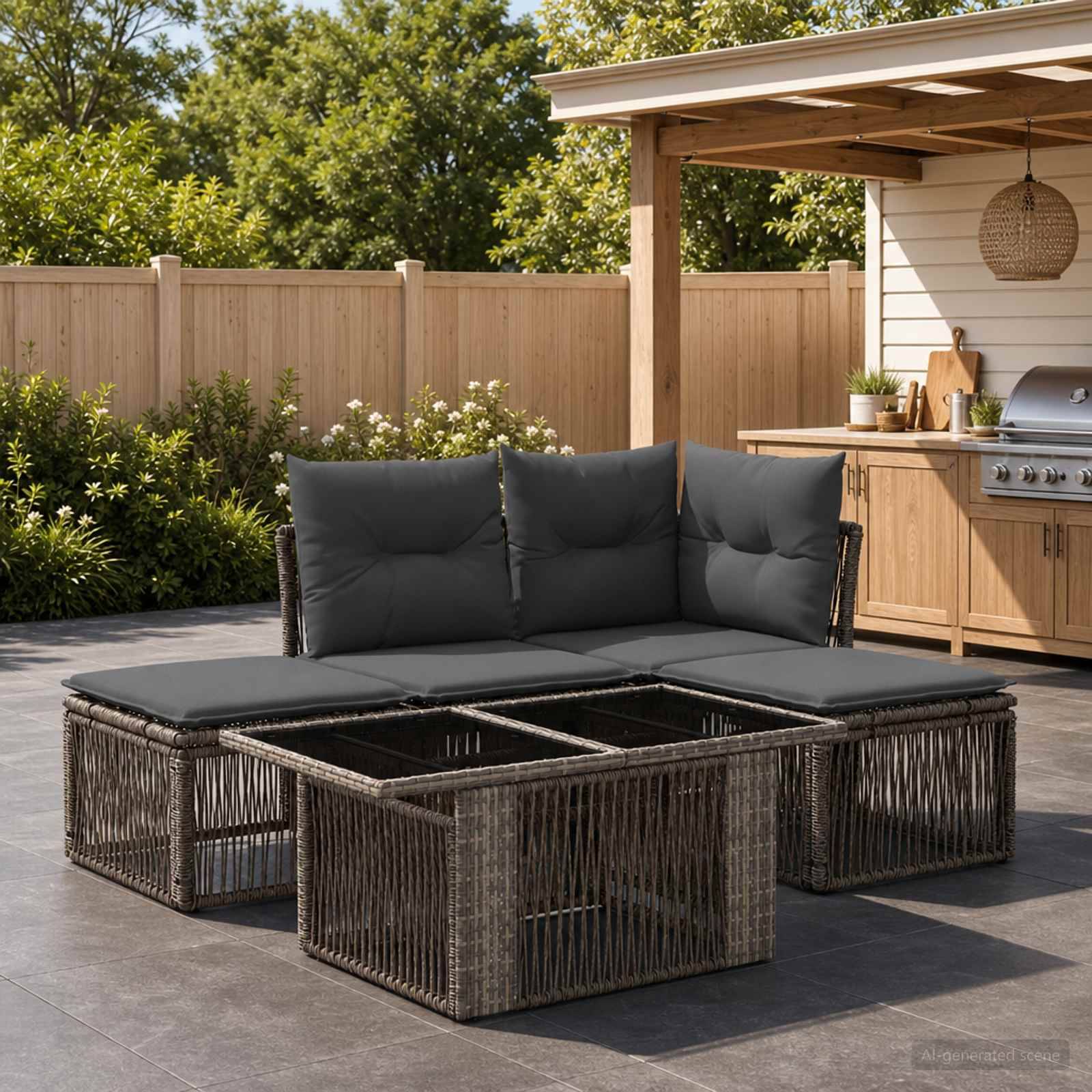 Außenbereich-Sitzgarnitur mit dunklem Rattan-Ecksofa, grauen Kissen und passendem Couchtisch neben einer Außenküche und Holzzaun im Garten.