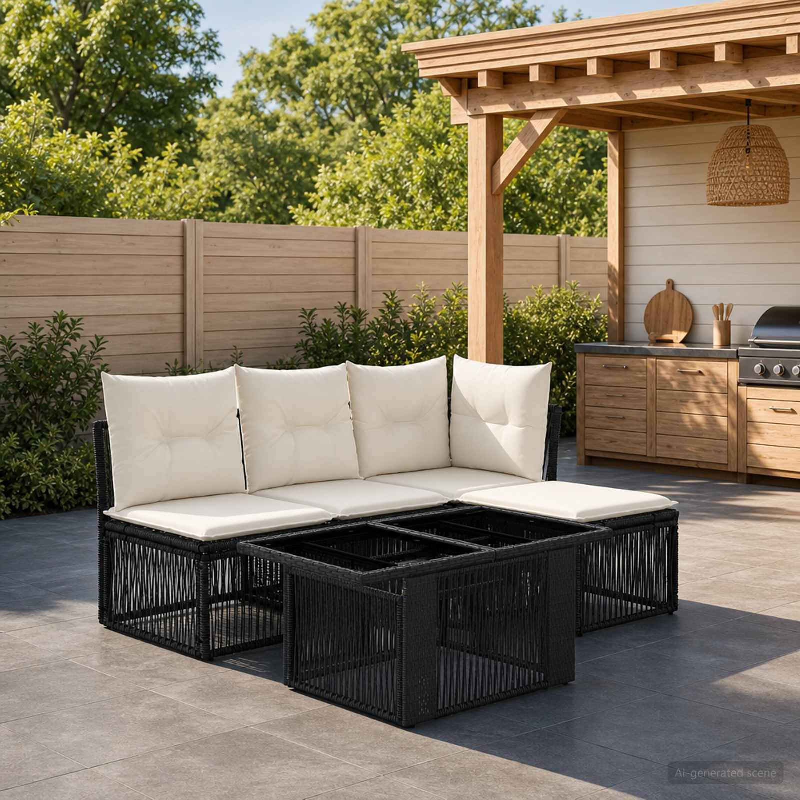 Schwarzes Rattan-Außenecksofa mit weißen Kissen, das um einen quadratischen Couchtisch auf einer Terrasse neben einer Pergola der Außenküche angeordnet ist.