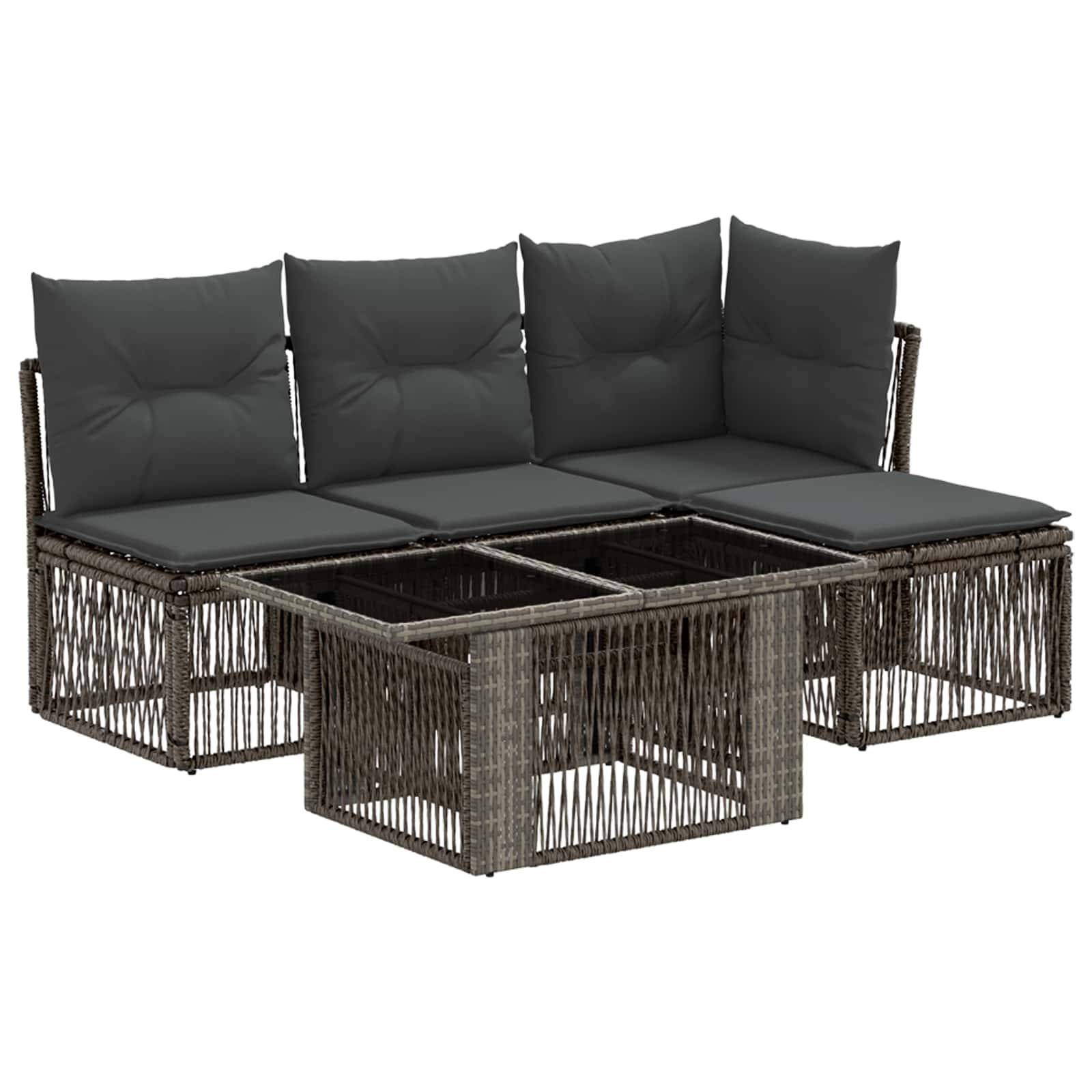 Outdoor-Rattanecksofa mit dunklen Kissen und drei integrierten Tischflächen