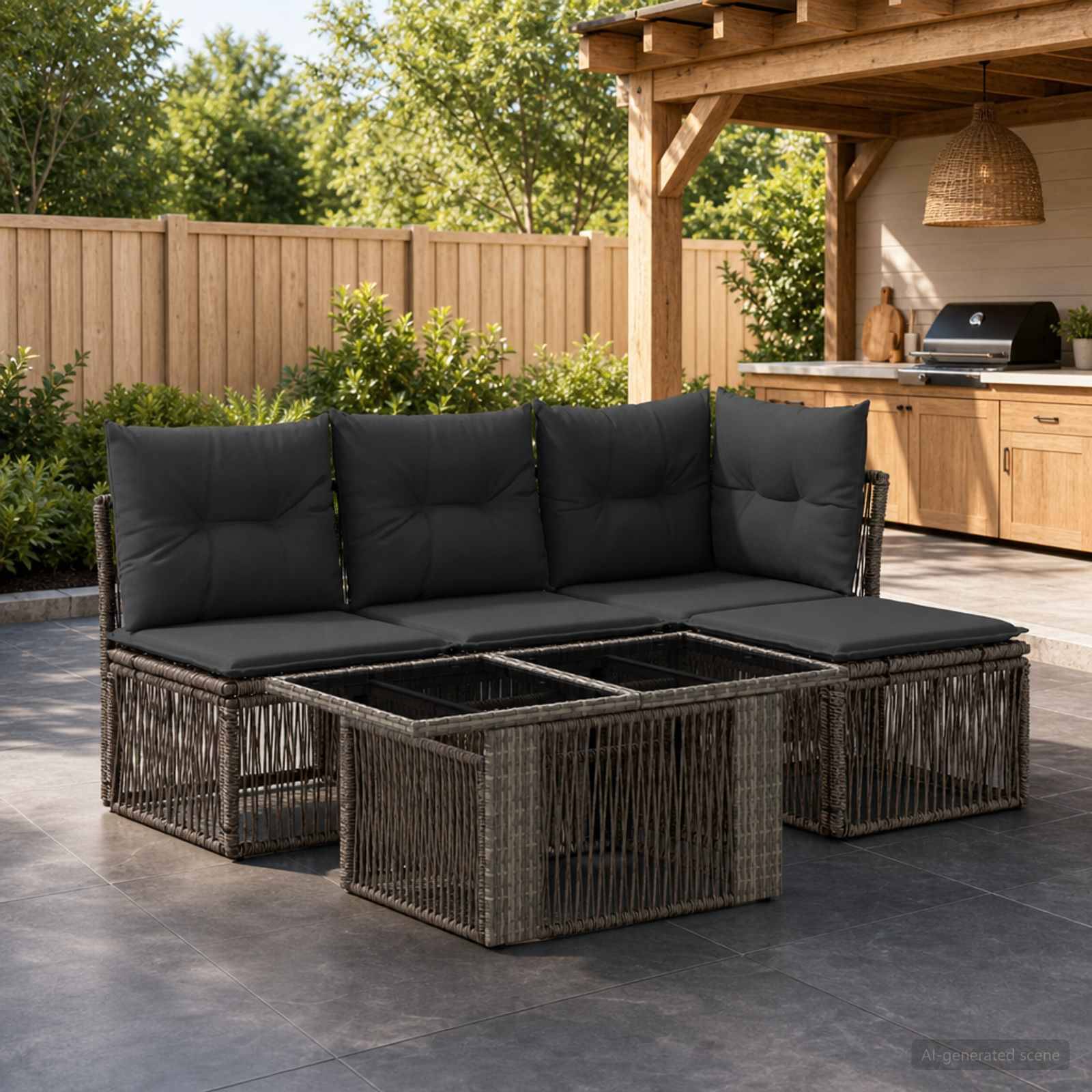 Schwarzes Rattan-Außensofa mit Holzkohle-Kissen und zentralem Tisch auf einer Terrasse, neben einer Holzpergola und einem Grill.