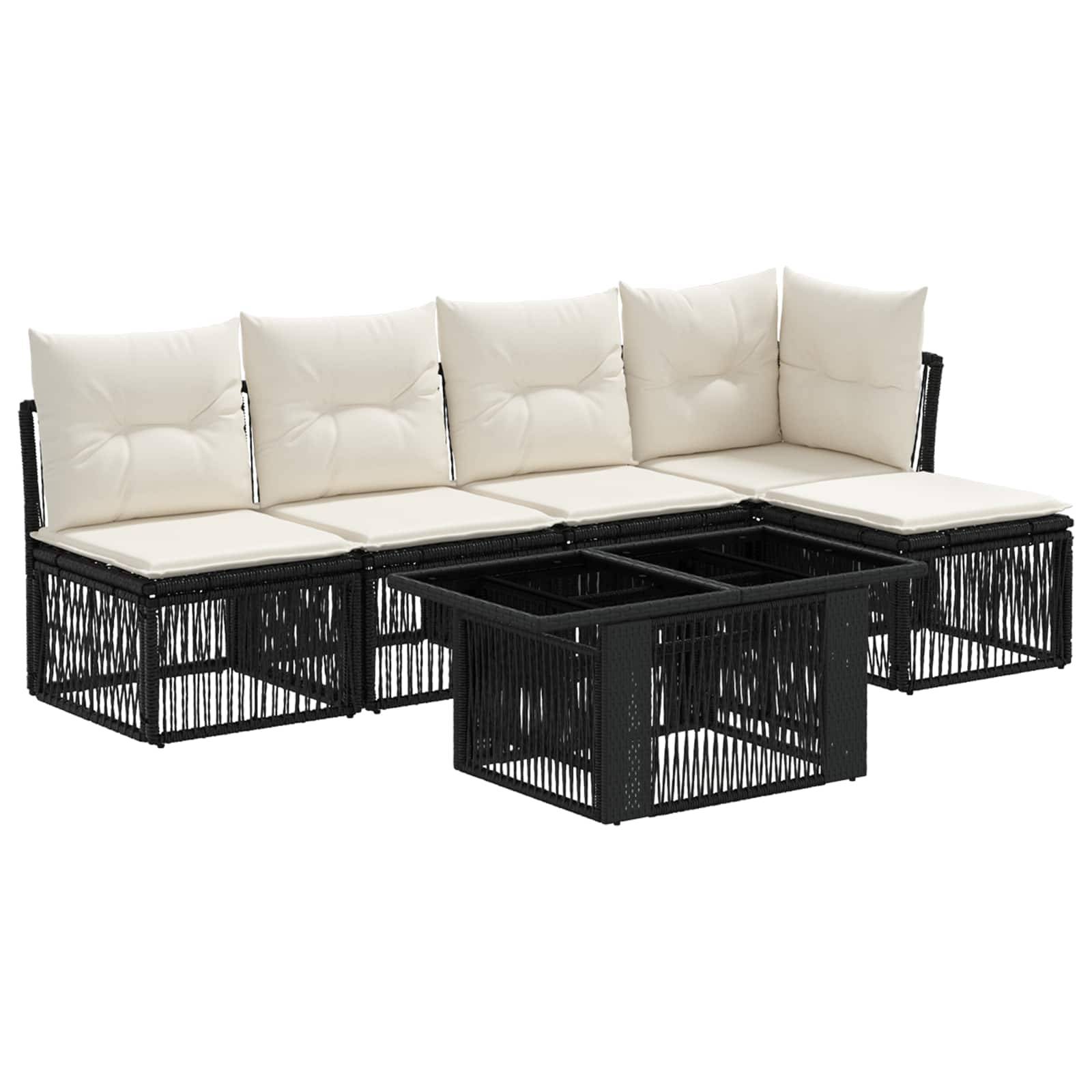 Schwarzes Außen-Ecksofa mit beigen Kissen und einem passenden Glastisch mit weißem Hintergrund.