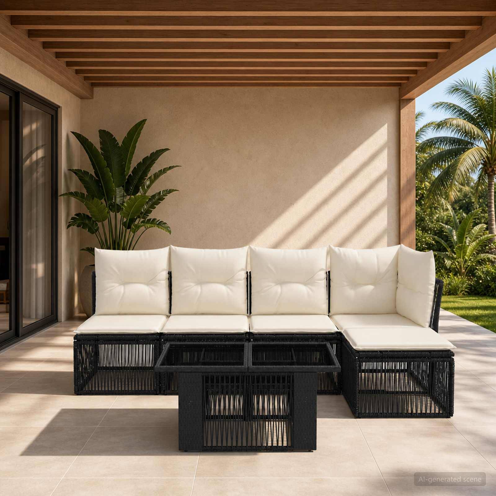 Überdachte Terrasse mit einem schwarzen Rattansektional und cremefarbenen Kissen, zentriert unter einer Holzbalkendecke neben einer Topfpflanze und tropischem Garten.