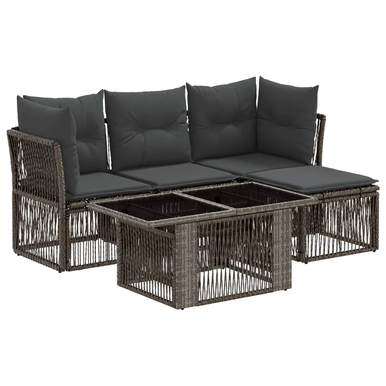 Outdoor-Rattanecksofa mit dunklen Kissen und passendem Glastisch mit Glastischplatte, auf weißem Hintergrund dargestellt.