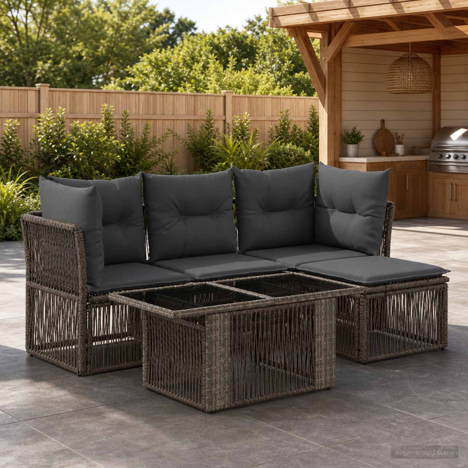 Outdoor-Sektionalsofa mit dunklen Kissen und zwei Korbkaffeetischen in einem Sitzbereich im Hinterhof.