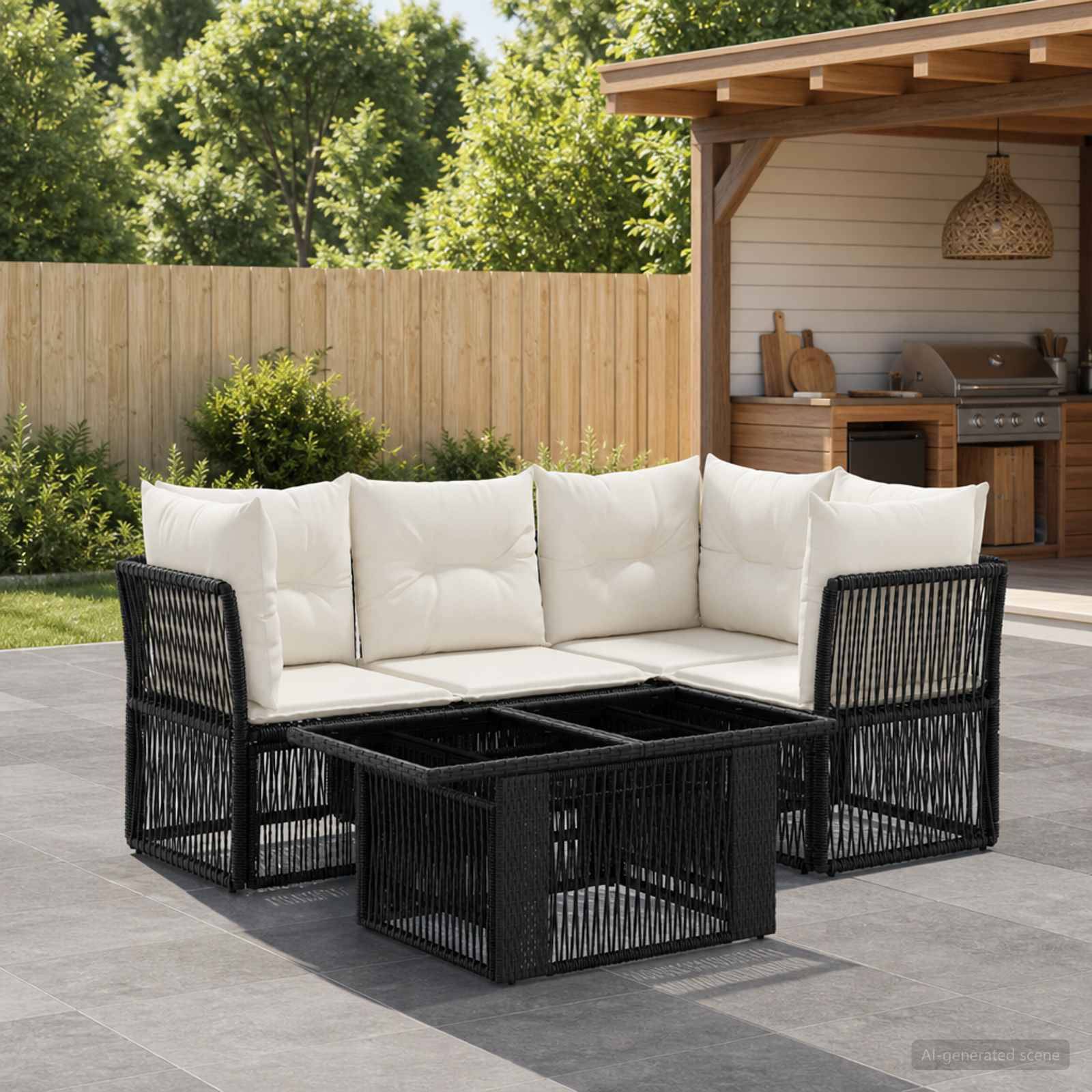 Schwarze Rattan-Außenlounge mit weißen Kissen und passendem Couchtisch auf einer Terrasse, mit Garten und Außenküche im Hintergrund.