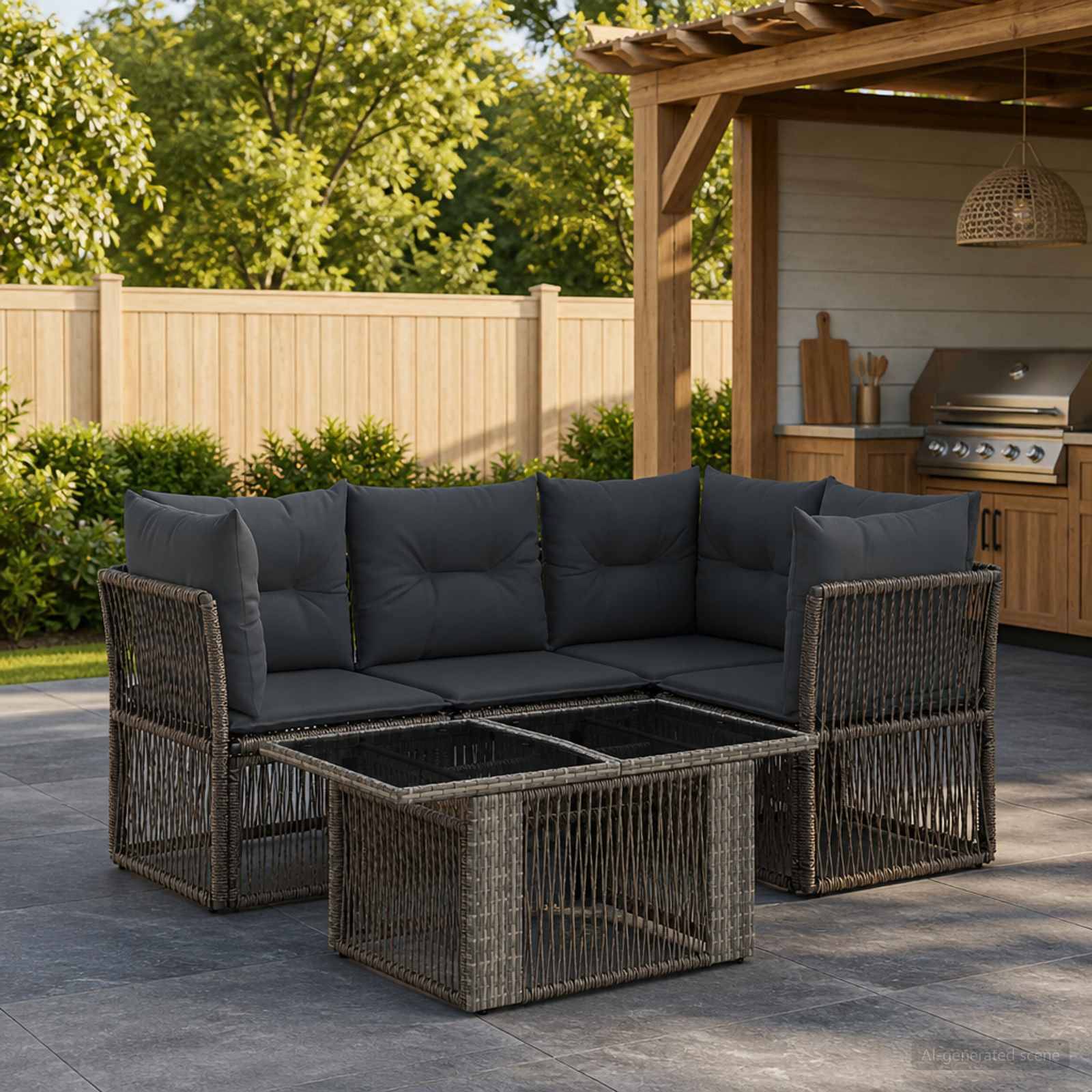 Außenbereich-Sitzmöbel mit dunkel geflochtenem Wicker-Ecksofa, Kissen und Glastisch neben einer Gartenpergola und Grill.