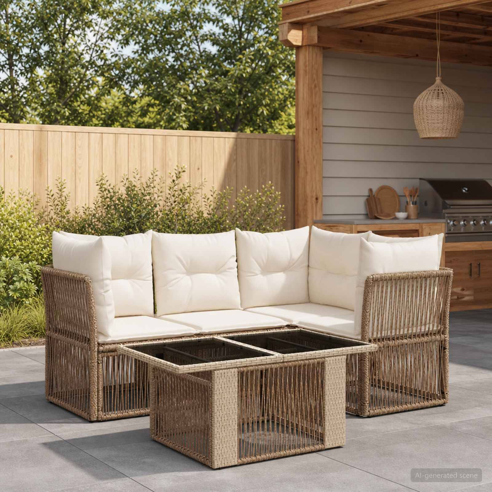Outdoor-Rattan-Ecksofa mit weißen Kissen und passendem Couchtisch auf einer Terrasse neben einem überdachten Grillbereich.