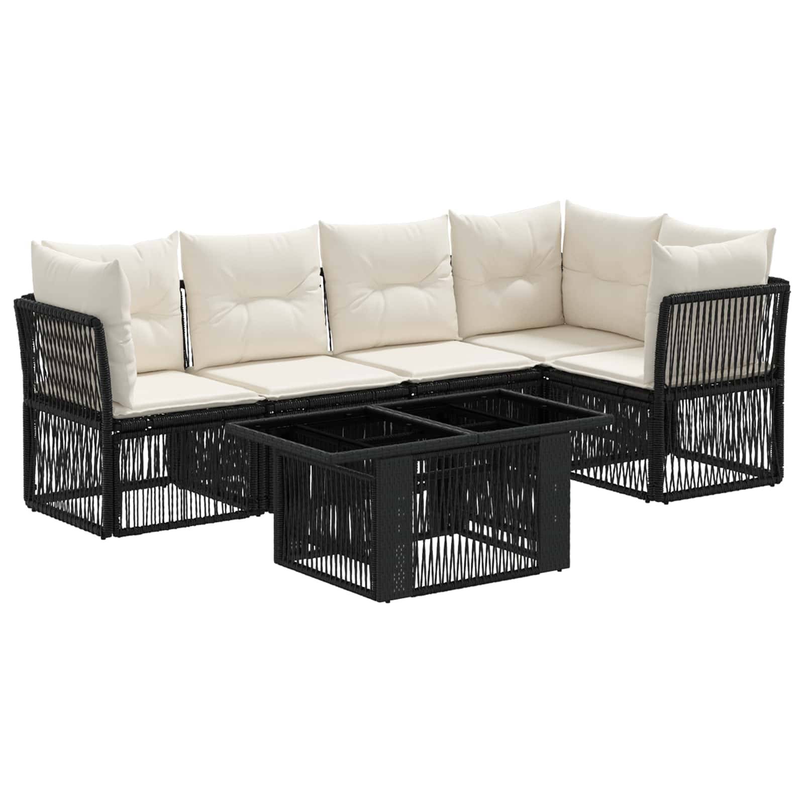 Schwarzes Korb-L-förmiges Ecksofa mit cremefarbenen Kissen und passendem quadratischem Couchtisch auf weißem Hintergrund.