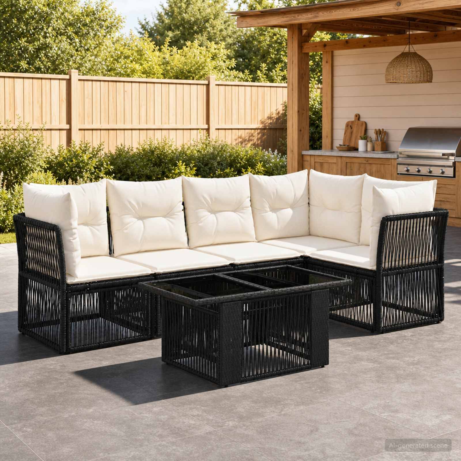 Outdoor-Terrassensofagarnitur mit schwarzem gewebtem Rahmen und weißen Polsterkissen, kombiniert mit einem passenden quadratischen Couchtisch neben einem Grillbereich im Hinterhof.