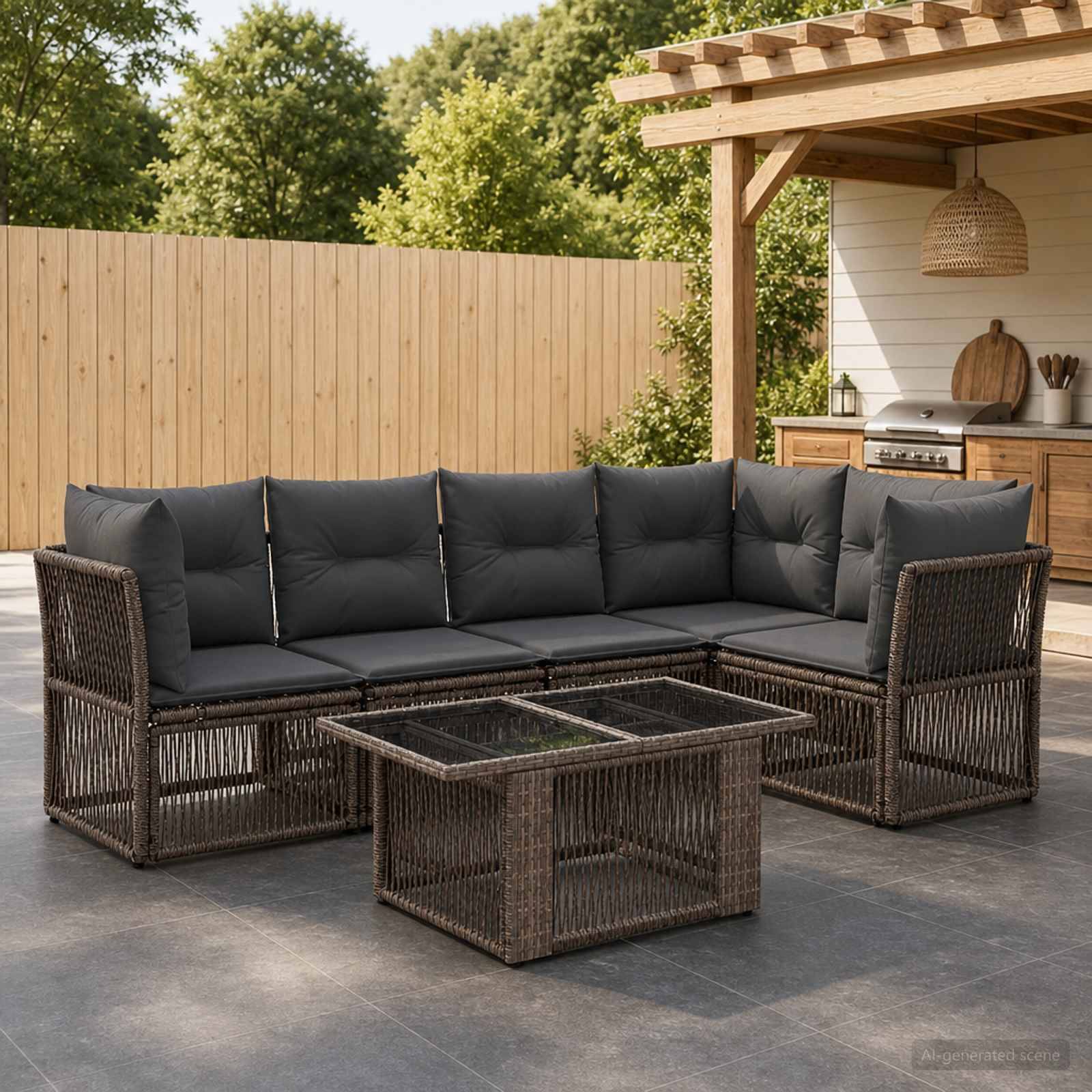 Gartenmöbel-Set mit Rattan-Ecksofa und passendem Glastisch unter einer Pergola, neben einem Grillplatz im Hinterhof.