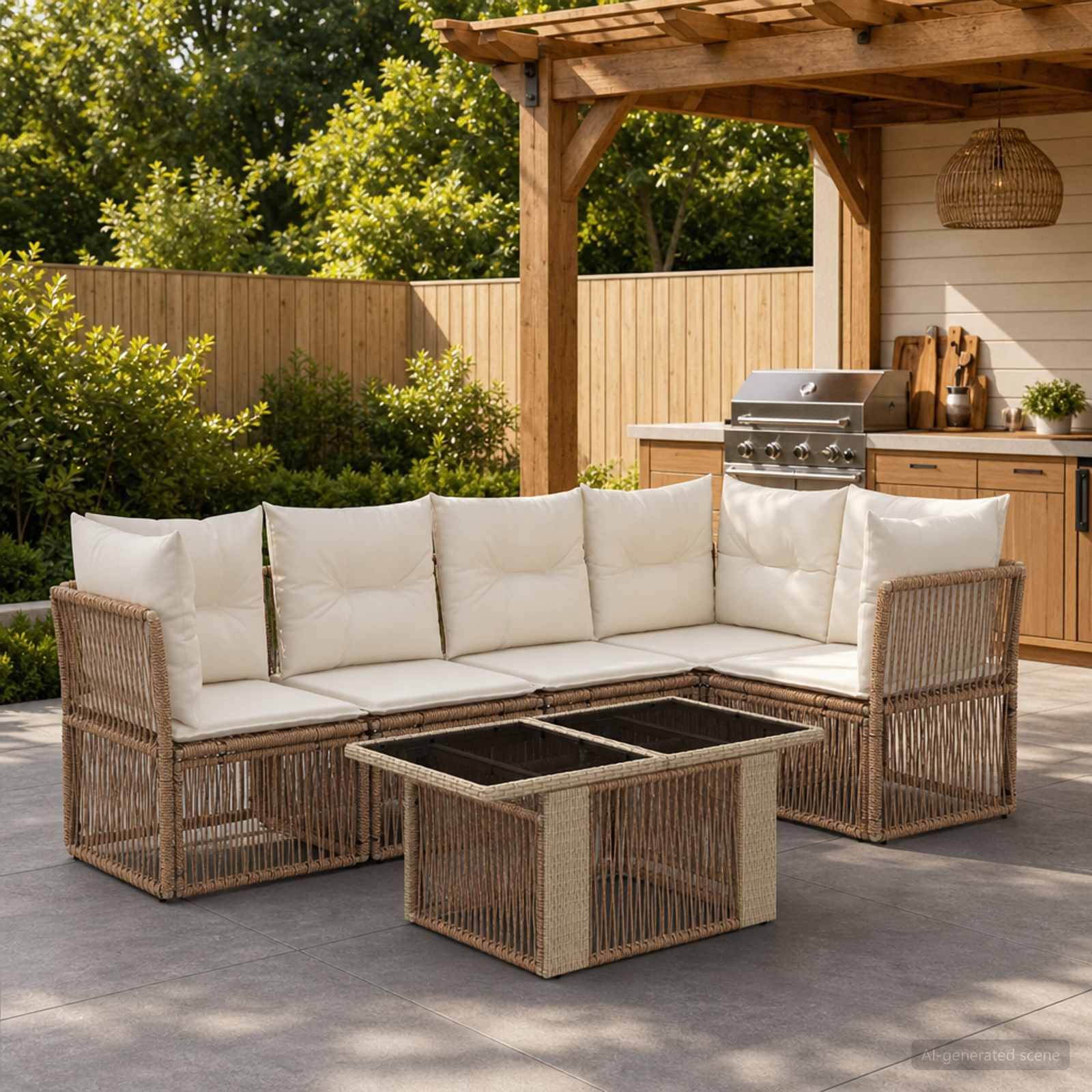 Outdoor-Sitzbereich auf der Terrasse mit einem L-förmigen Rattansofa, gepolsterten Stühlen und einem Glastisch neben einem eingebauten Grill und einer hölzernen Pergola.