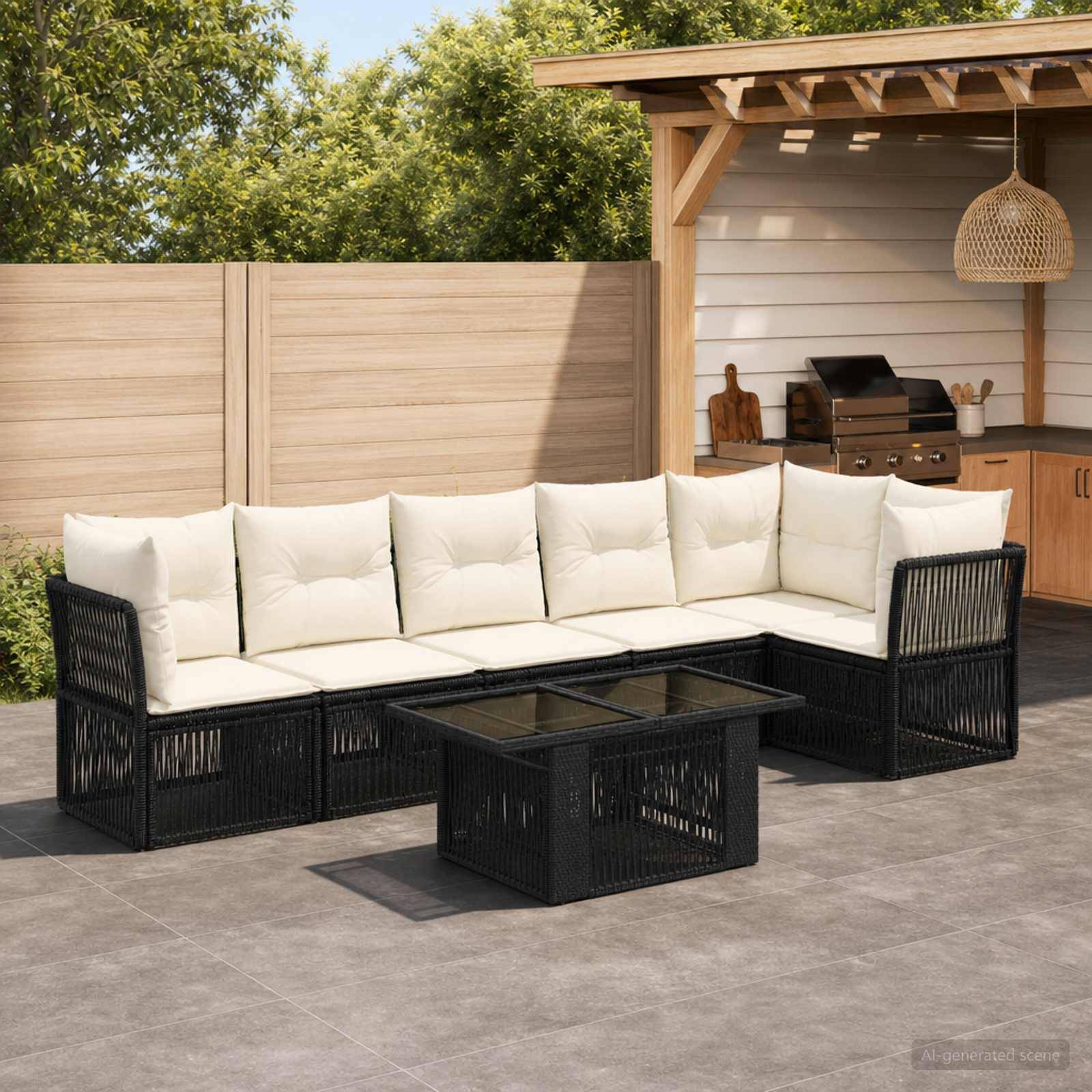 Gartenlounge-Set im Freien mit schwarzem Rattan-Ecksofa, weißen Kissen und Glastisch-Couchtisch neben einem pergolabedachten Grillbereich.