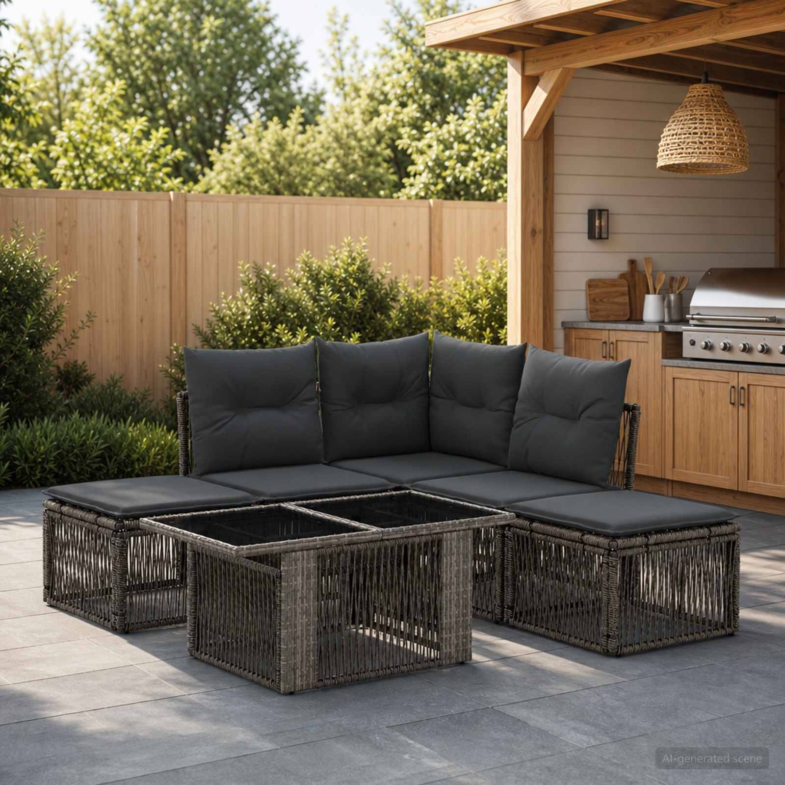 Gartenbestuhlung für die Terrasse mit dunklem geflochtenem Ecksofa um einen quadratischen Feuertisch, neben einem Grillbereich im Hinterhof.