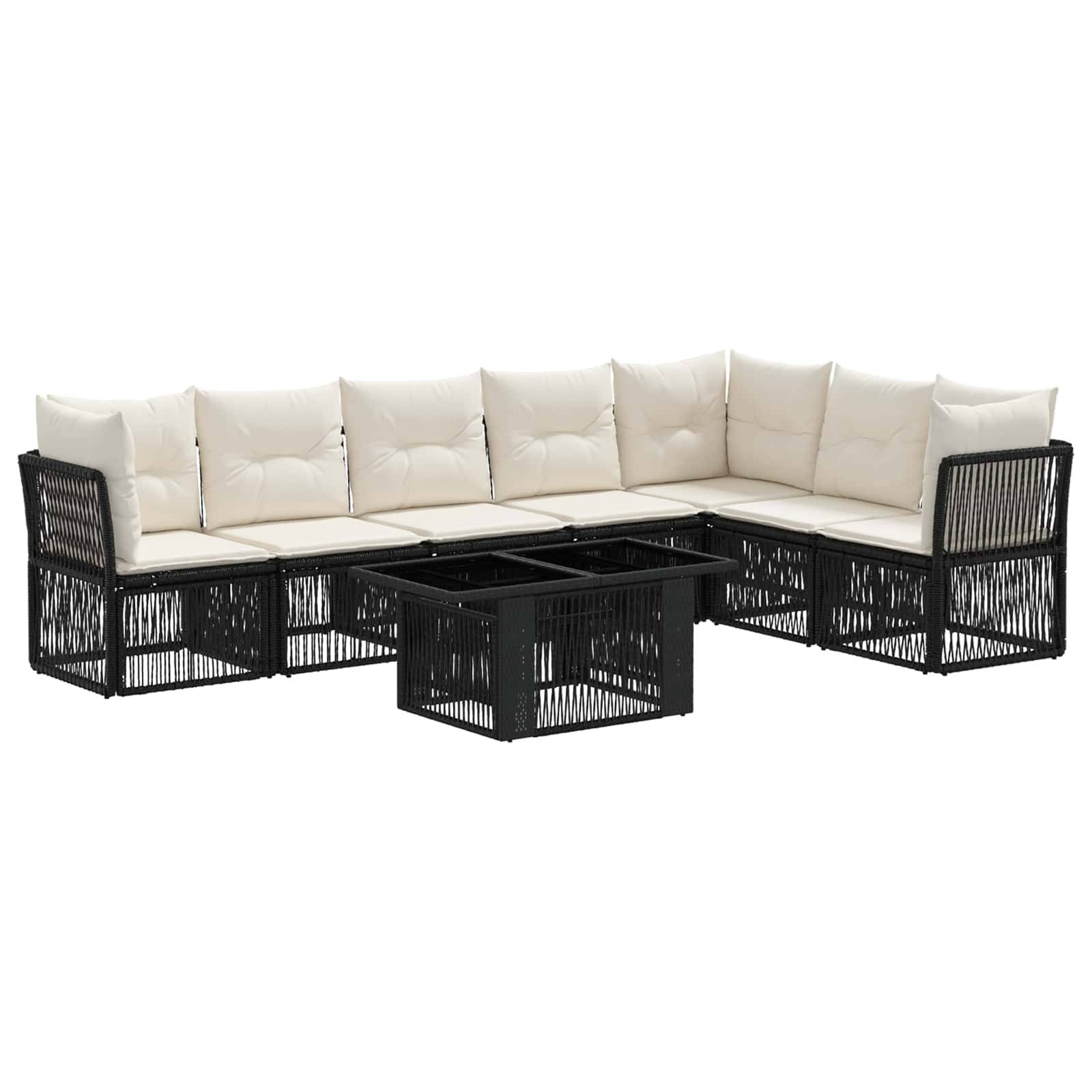 Schwarzes Polyrattan-Außen-Ecksofa mit cremefarbenen Kissen und passendem rechteckigem Couchtisch auf weißem Hintergrund.
