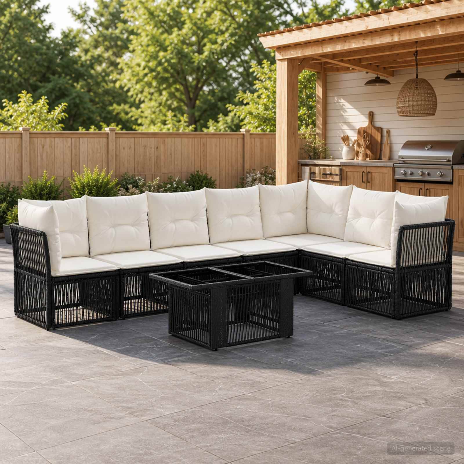 Außen-Patio-Ecksofa mit weißen Kissen und schwarzem Rattanrahmen, angeordnet um einen passenden Couchtisch in einem Hinterhof-Lounge-Bereich.