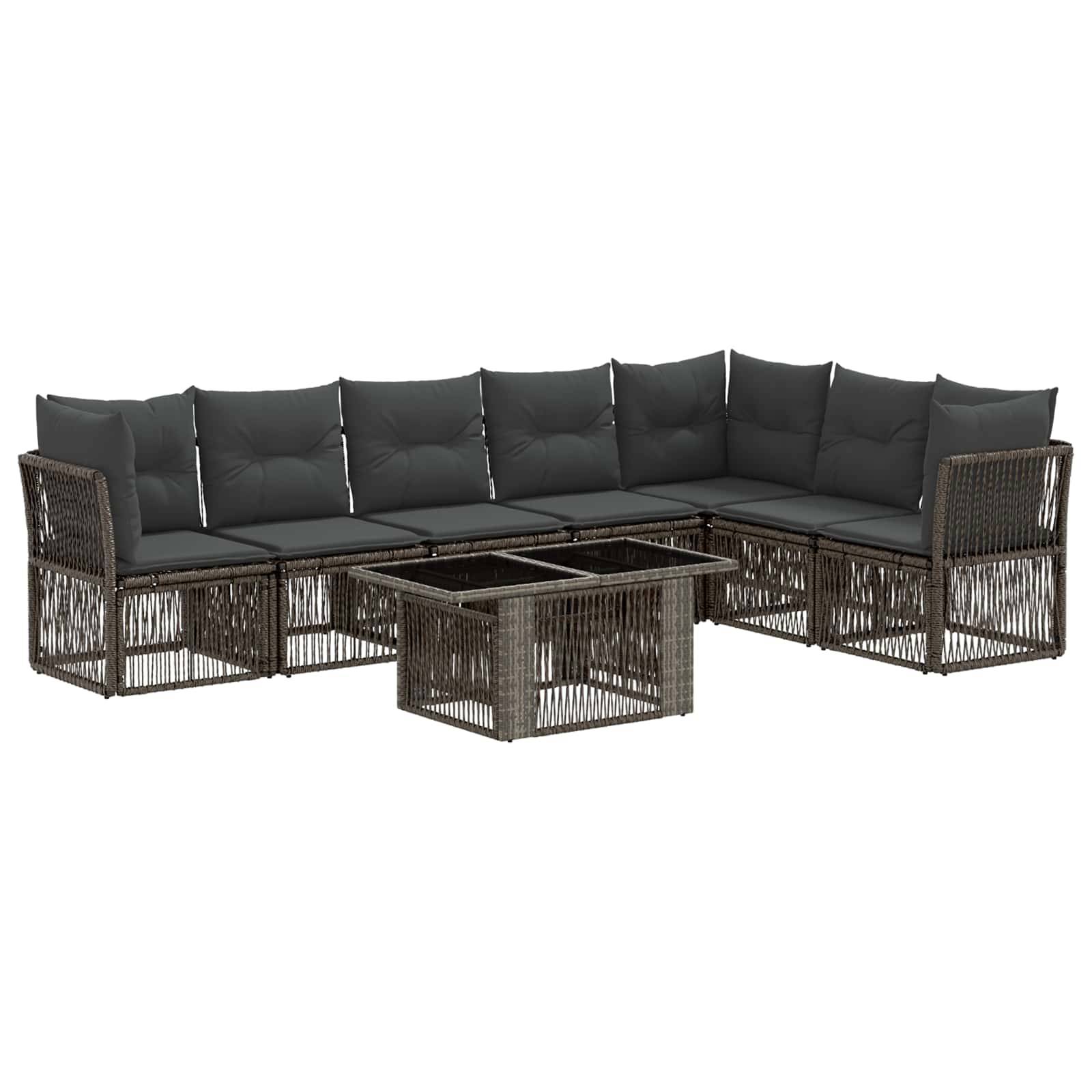 Outdoor-Rattansofa-Set mit Eckliege, grauen Kissen und einem passenden Glastisch auf weißem Hintergrund.