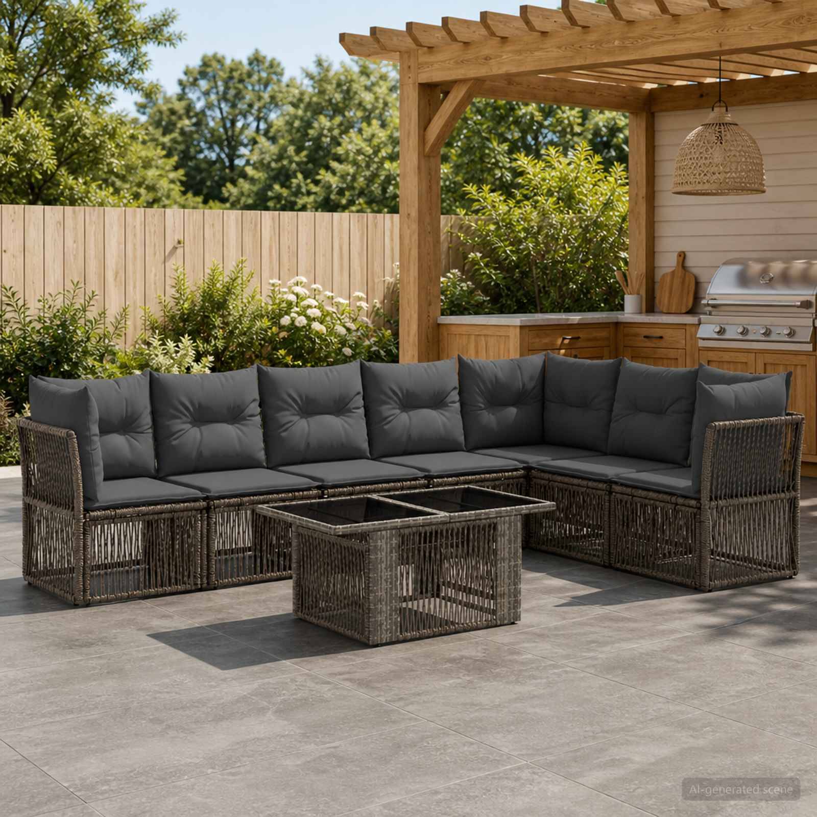 Außenterrasse mit dunklem Rattansofa in L-Form und passendem Couchtisch mit Glasplatte unter einer Pergola, neben einem Grill und einem Gartenzaun.