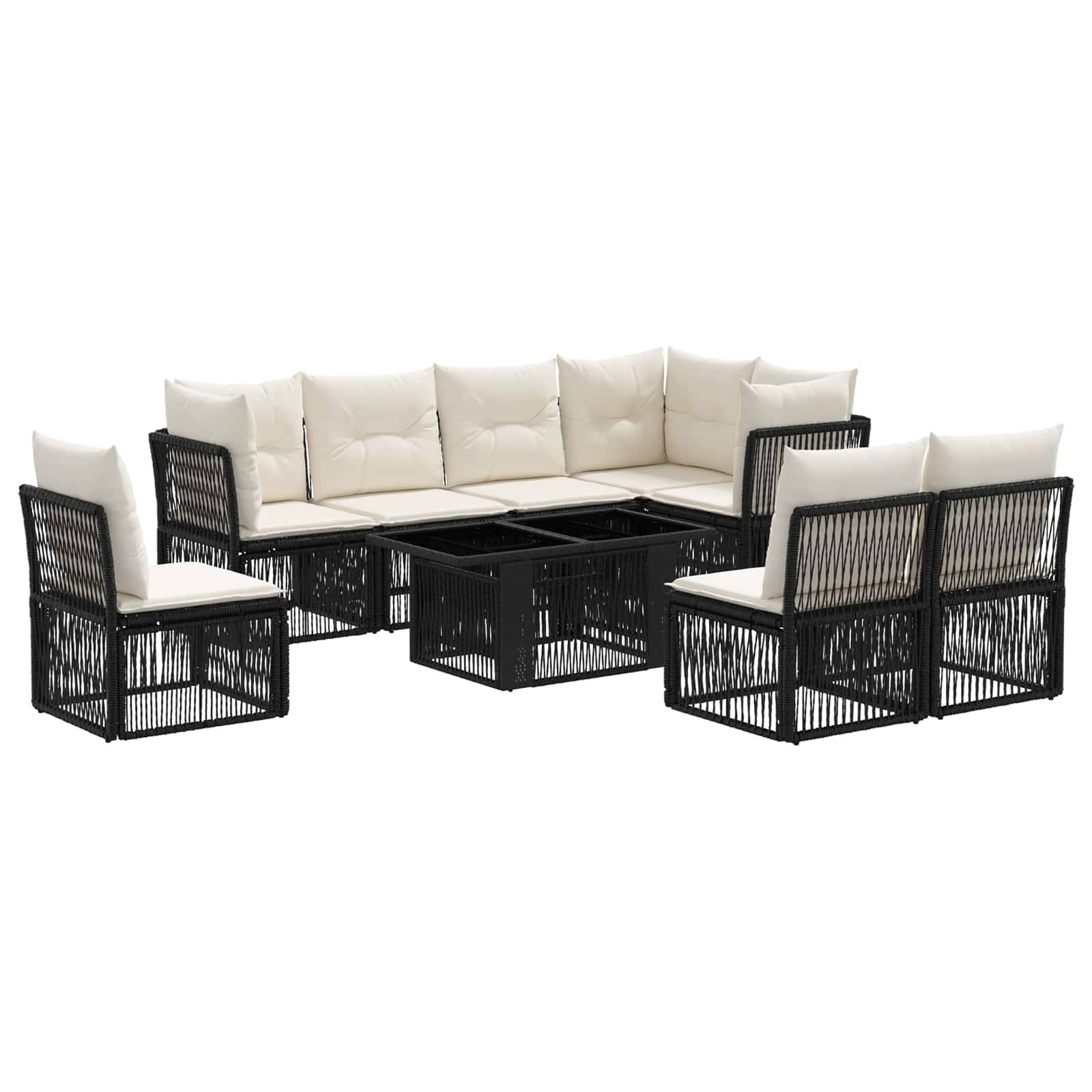 Schwarzes Korbgeflecht-Gartensessel-Set mit cremefarbenen Kissen, bestehend aus Ecksessel und Stuhlen um einen rechteckigen Couchtisch herum.