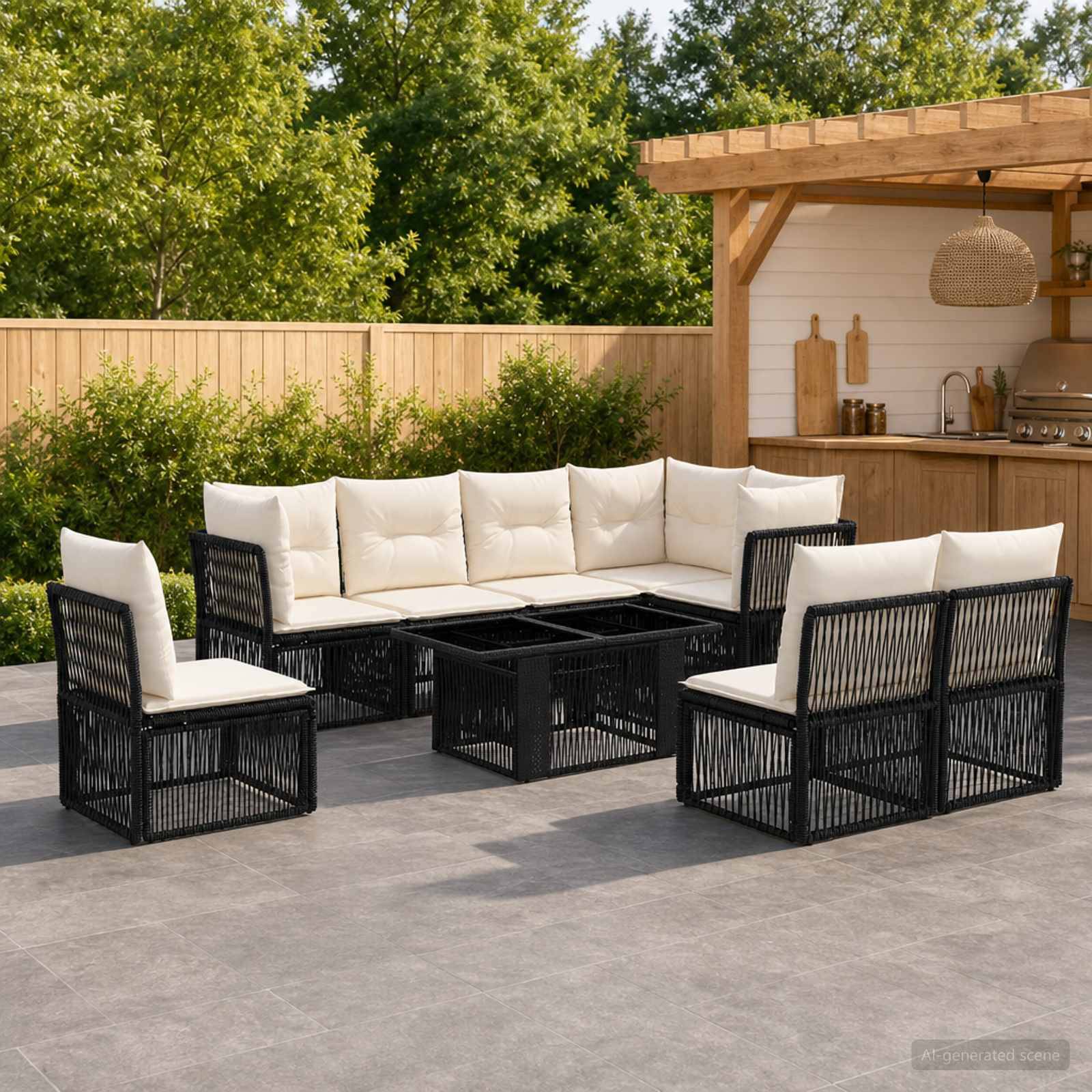 Gartenmöbelset für die Terrasse mit schwarzen Rattansofas und -stühlen, cremefarbenen Kissen und einem Couchtisch mit Glasplatte neben einer Gartenbar im Hinterhof.