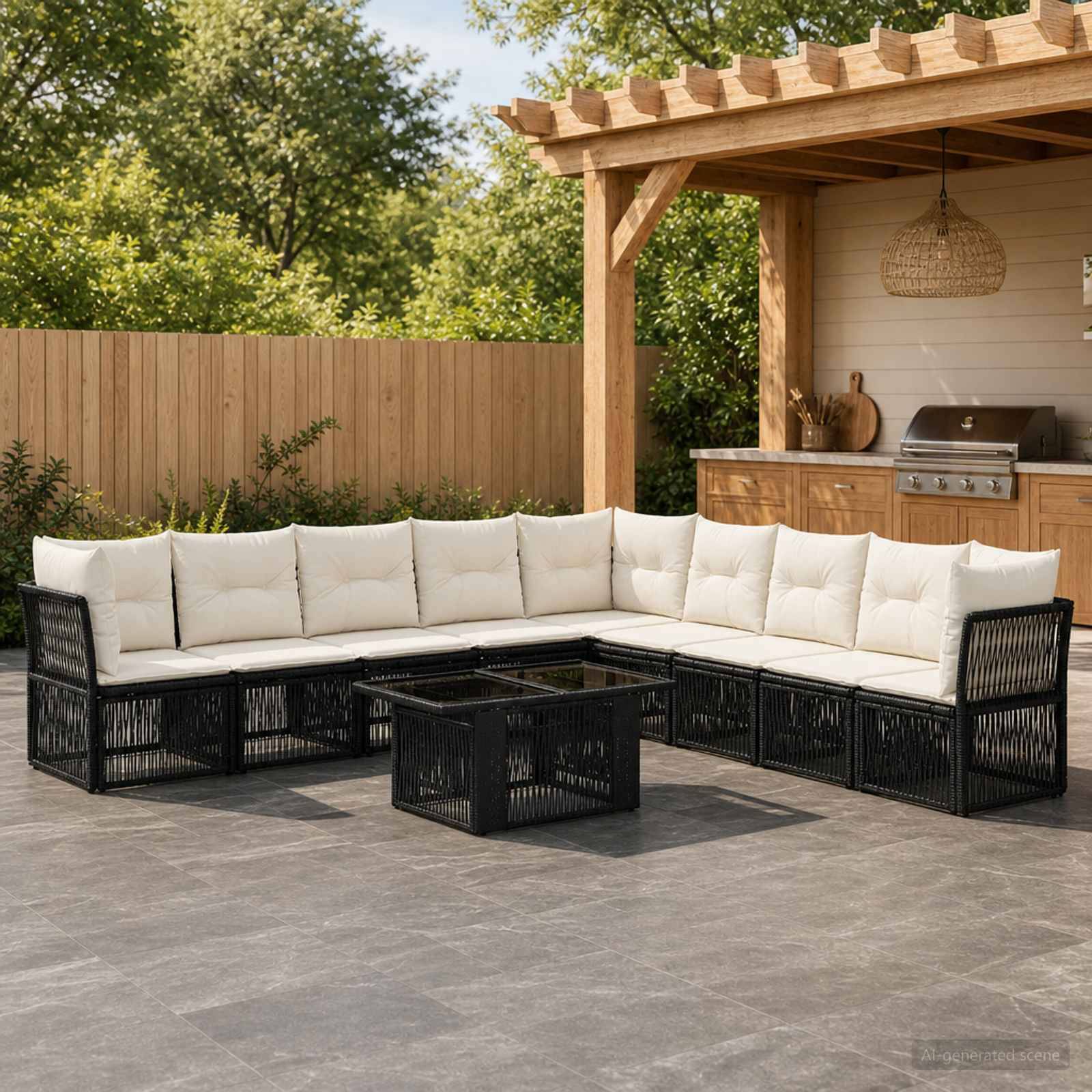 Outdoor-Terrasse mit einem schwarzen Korbgeflecht-Ecksofa und cremefarbenen Kissen um einen quadratischen Couchtisch neben einer Holzpergola und einem Grill.