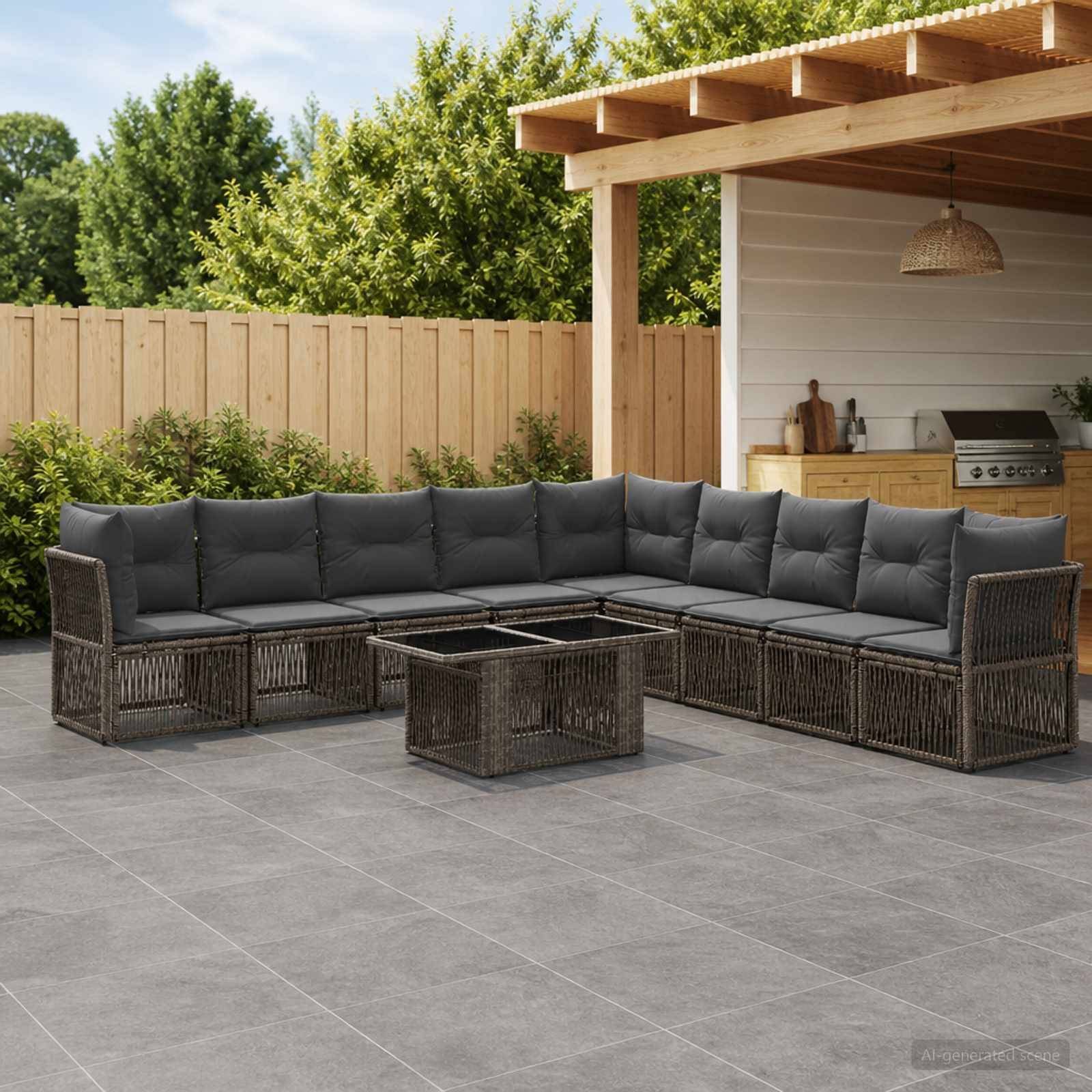 Outdoor-Terrasse mit U-förmigem Wickel-Ecksofa und Glascouchtisch in einem eingezäunten Hinterhof neben einem überdachten Grillbereich.