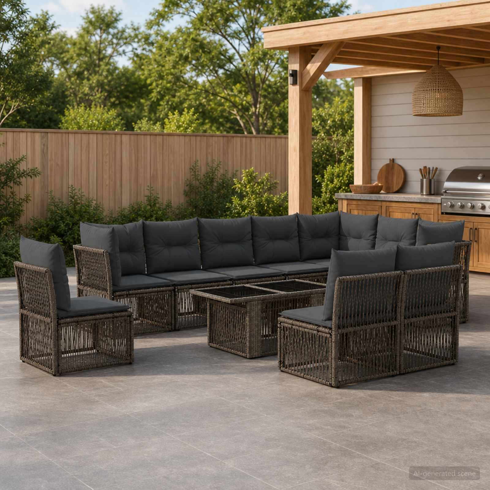 Outdoor-Terrasse mit dunkler Korbgeflecht-Eckbank und Glascouchtisch neben einem überdachten Küchen-/Barbereich