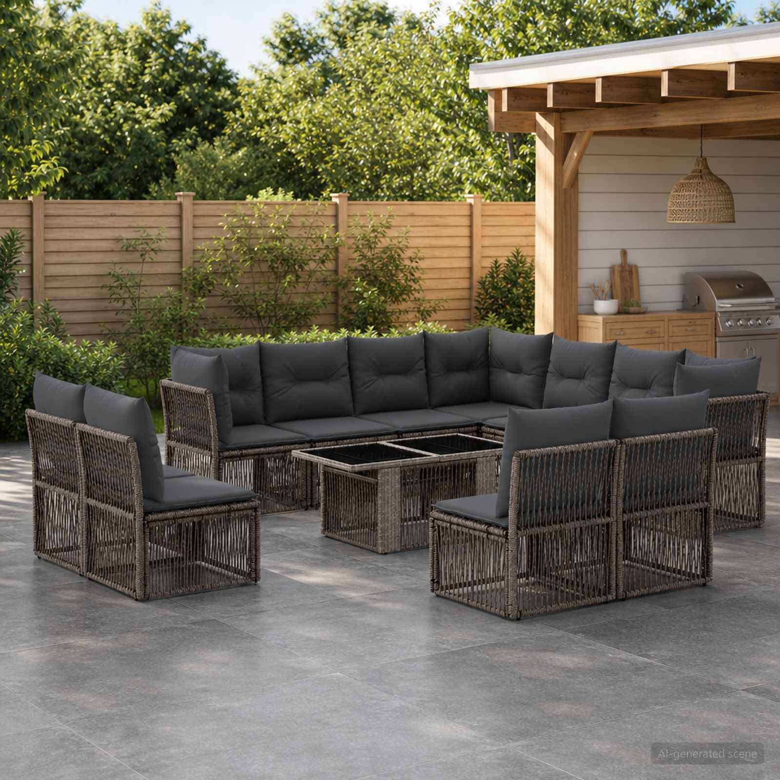 Außenpatio mit einem dunkelbraunen Rattan-Ecksofa um einen gläsernen Couchtisch unter einer Pergola, neben einem Gartenzaun und Grünflächen.