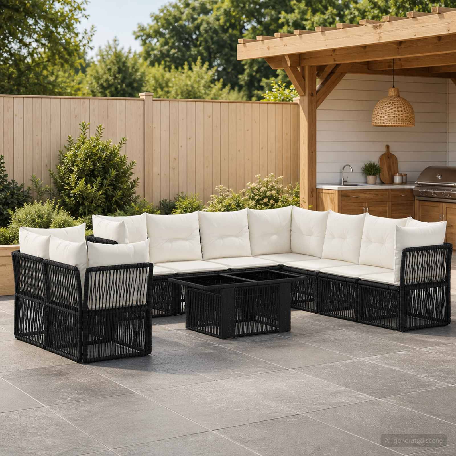 Outdoor-Sitzbereich mit schwarzem Polyrattan-Ecksofa und weißen Kissen um einen zentralen Couchtisch herum, neben einer Holzpergola und einer Bar.