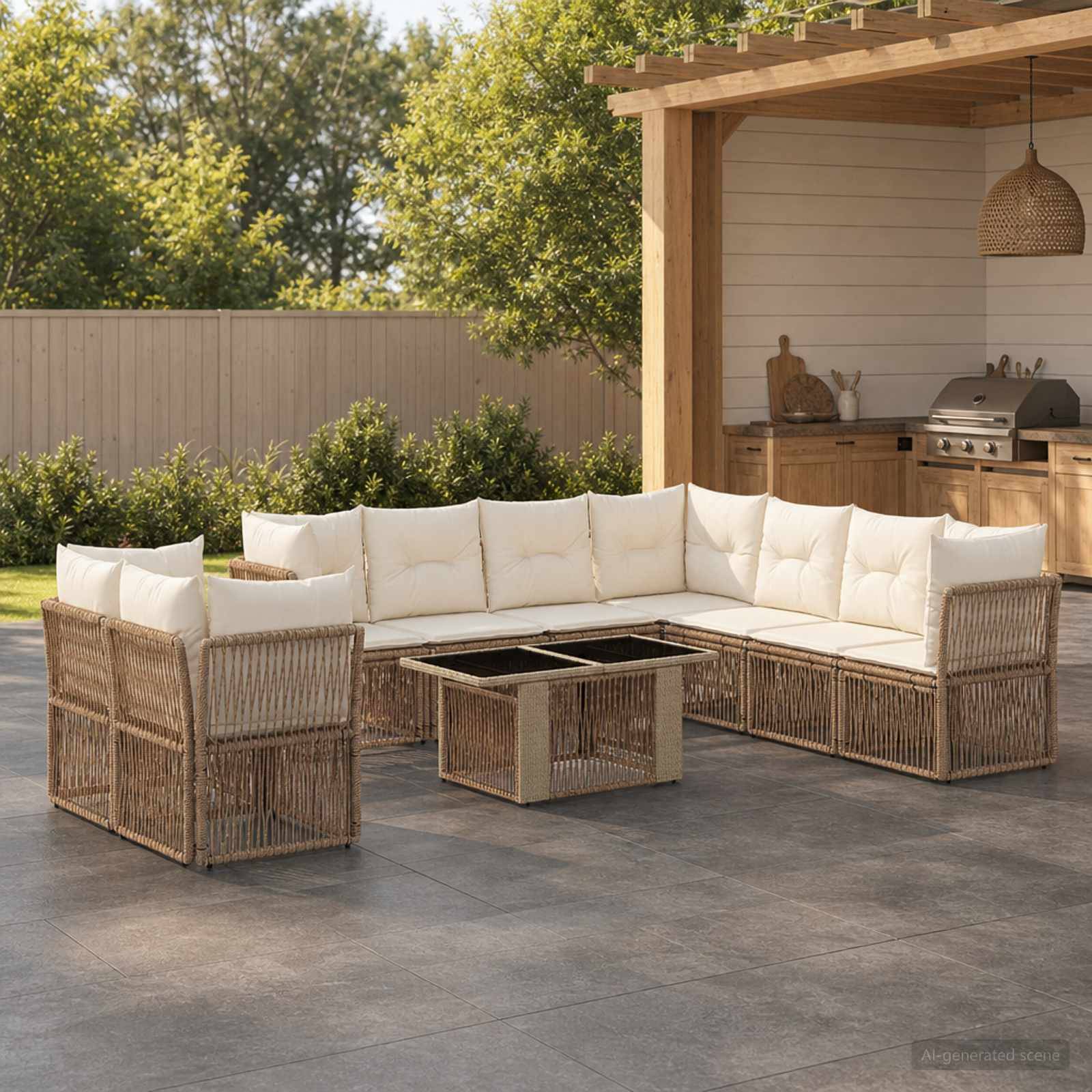 Terrassenbereich im Freien mit einem L-förmigen Rattansessel und gepolsterten Sitzen um einen niedrigen quadratischen Tisch neben einer Pergola mit Gartenküche im Hinterhof.