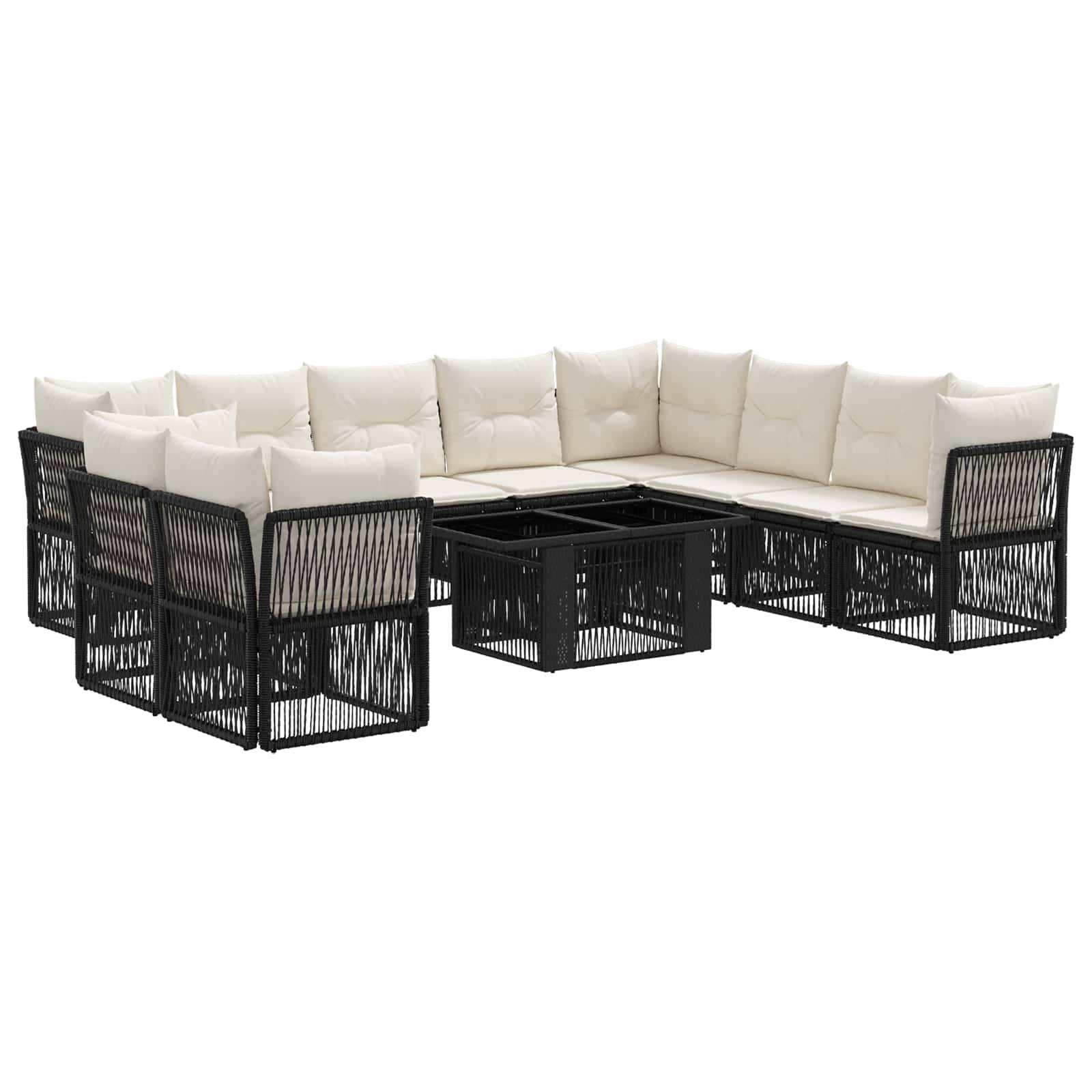 L-förmiges Garten-Ecksofa mit schwarzem Flechtrahmen, cremefarbenen Kissen und passendem quadratischen Couchtisch.
