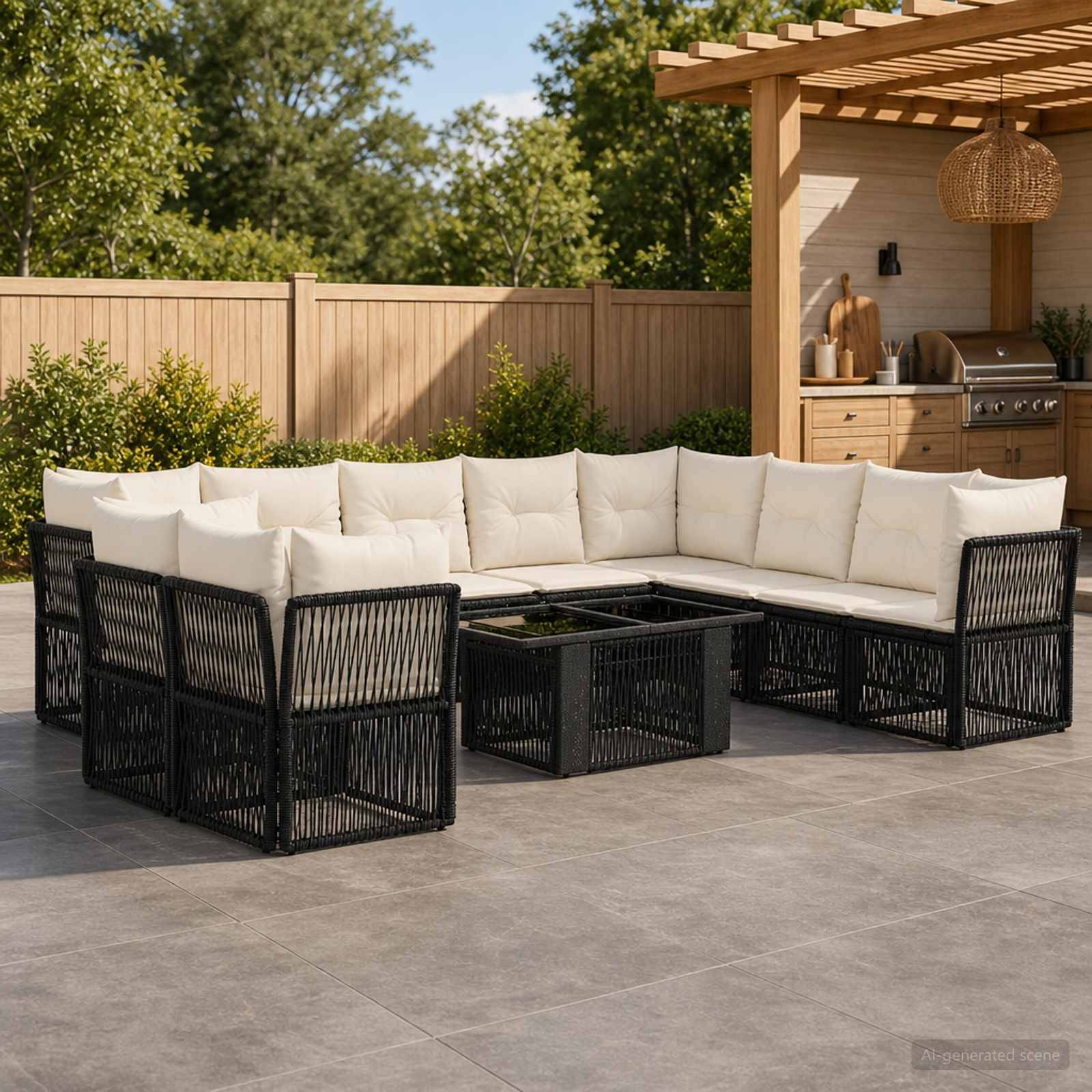 Outdoor-Loungegarnitur mit schwarzen geflochtenen Rahmen, cremefarbenen Kissen und passenden Glastischen auf einer Terrasse neben einer Pergola und Außenküche.