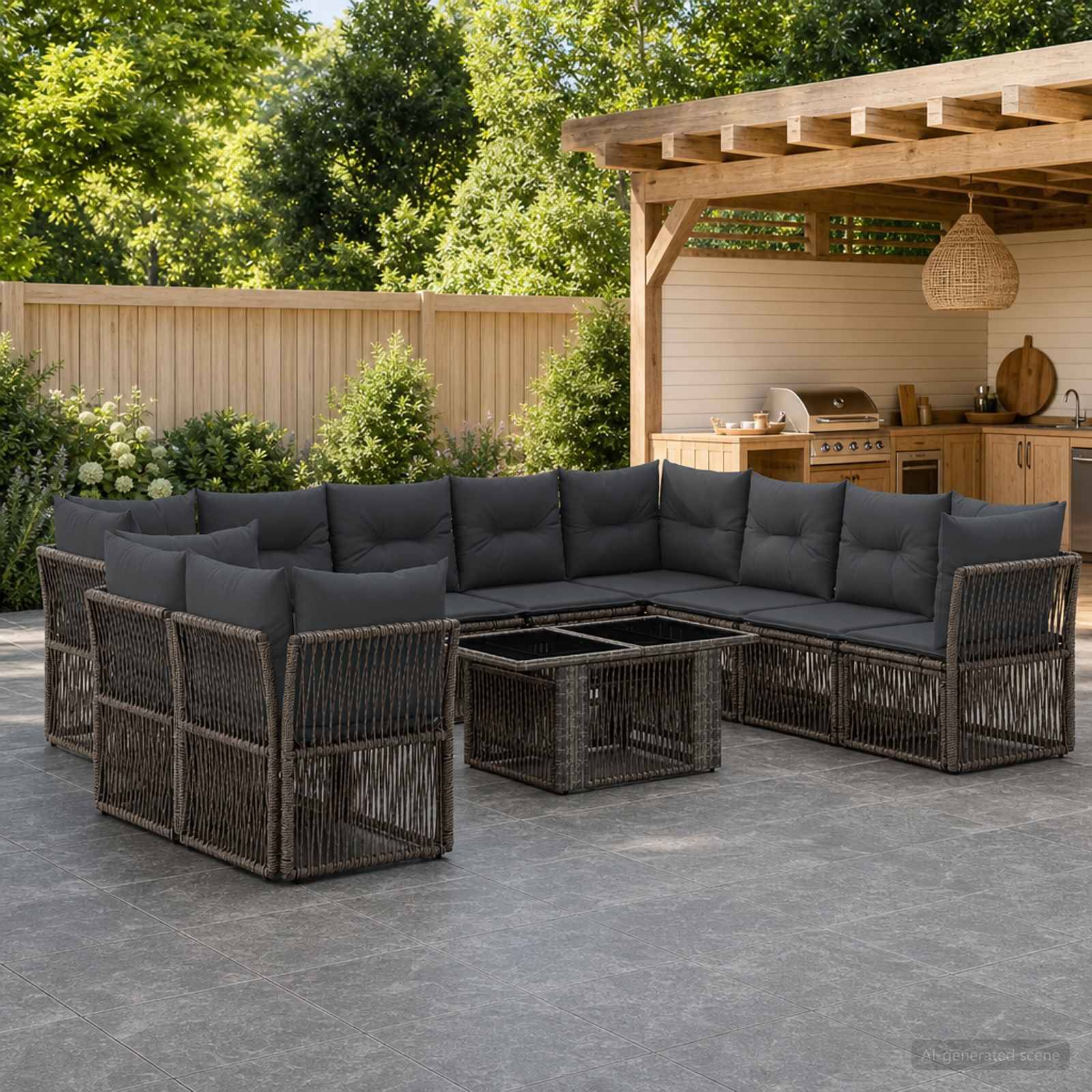 Outdoor-Terrasse mit dunkler Rattanecksitzgruppe rund um einen quadratischen Feuerkorbtisch neben einem Holzpergola-Barbereich und Sichtschutzzaun.