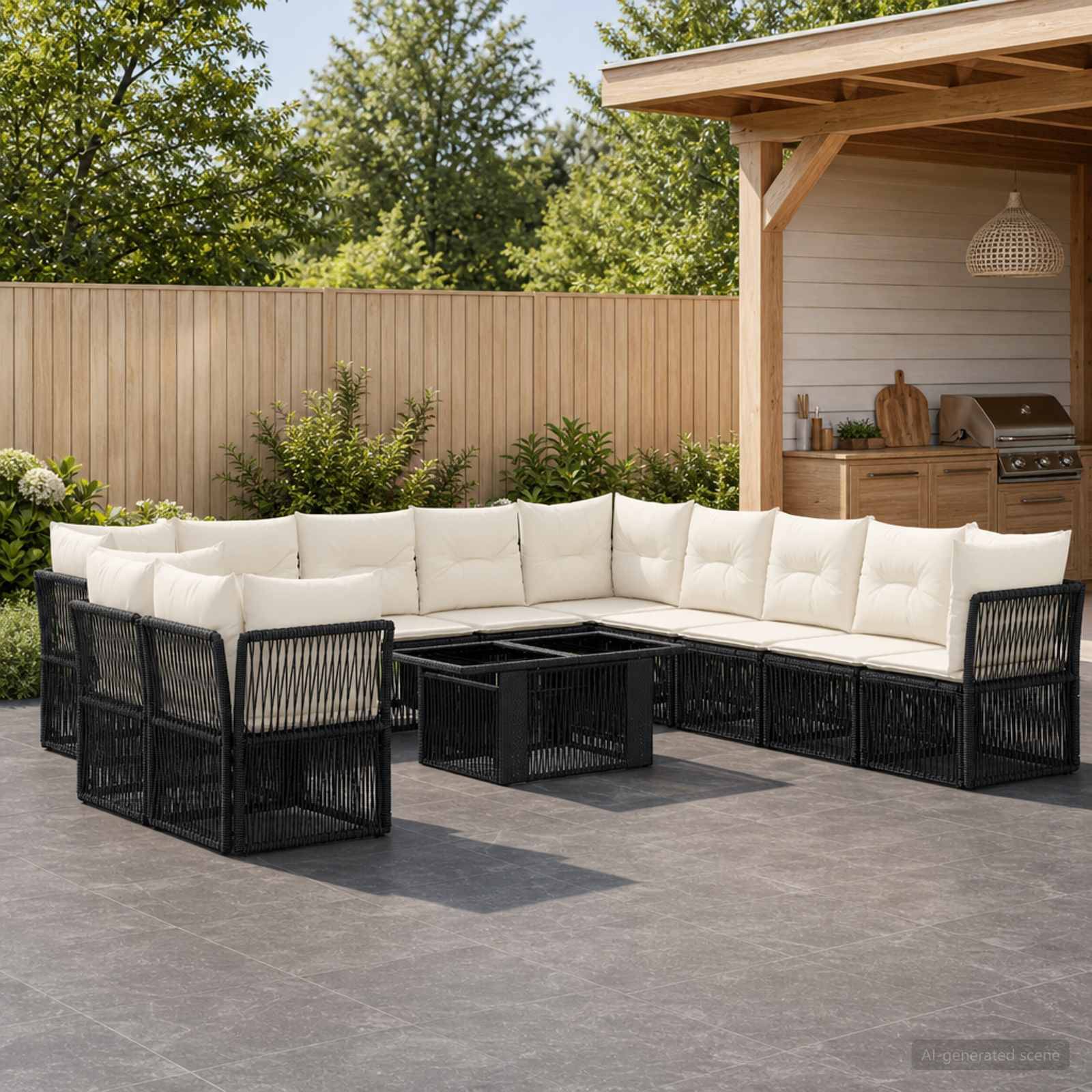 Outdoor L-förmiges schwarzes Rattansofa mit cremefarbenen Kissen und Glastisch auf einer Terrasse neben einer Gartenlaube und einem Zaun.