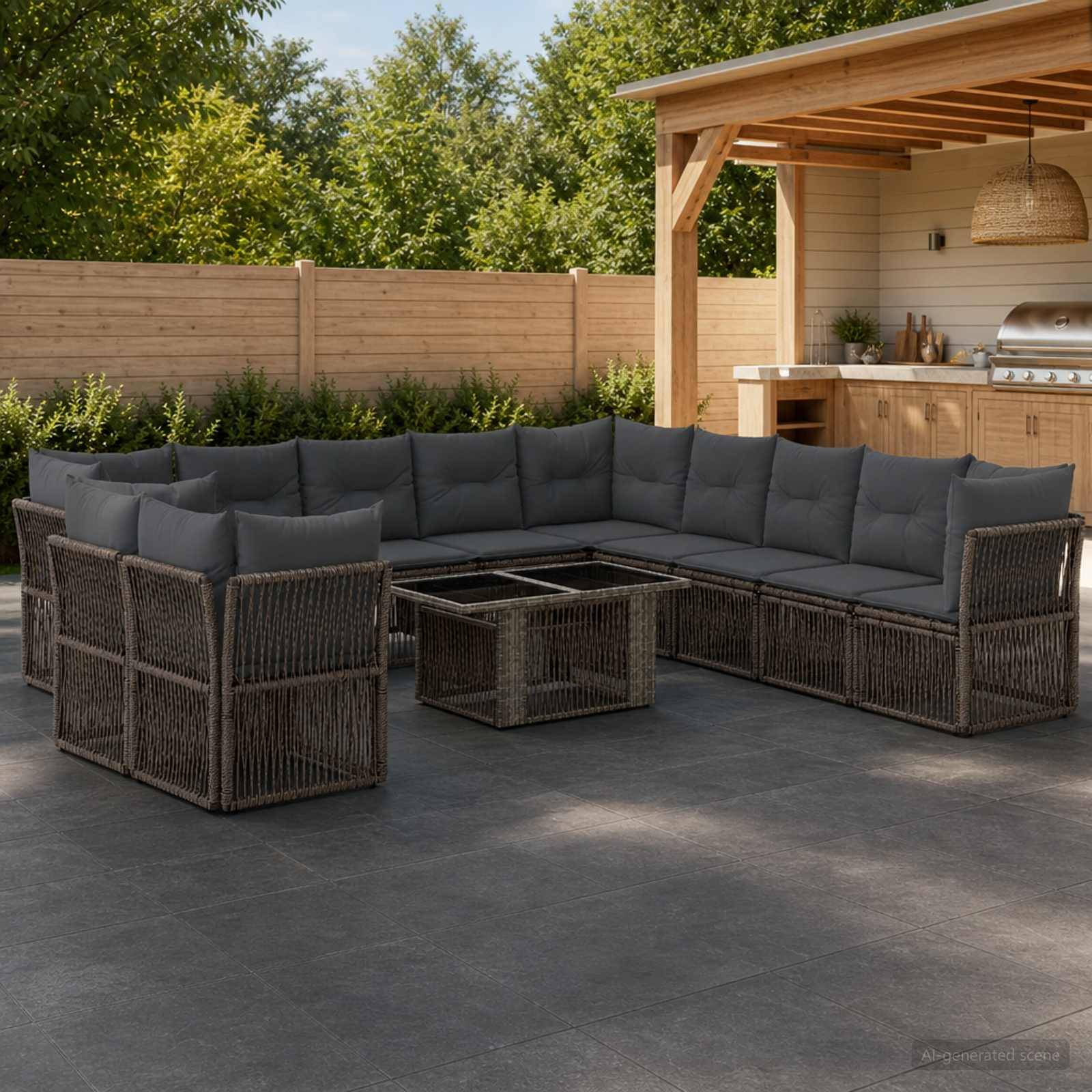 Outdoor-Polyrattan-Ecksofa mit dunklen Kissen und einem Glastisch im Hinterhof neben einem überdachten Grillbereich.