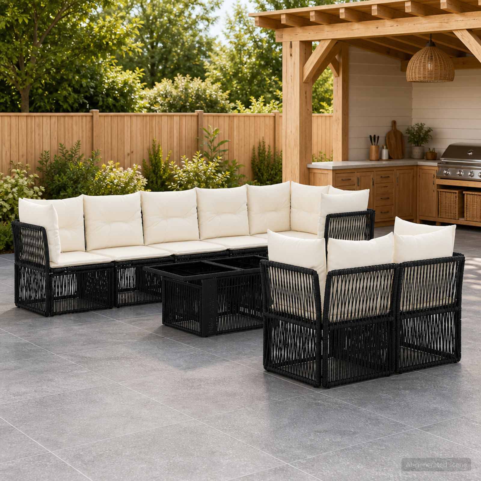 Gartenmöbel-Set für die Terrasse mit schwarzen geflochtenen Sofas und cremefarbenen Kissen rund um verschachtelte Couchtische, neben einem Grill im Hinterhof und einer Pergola.