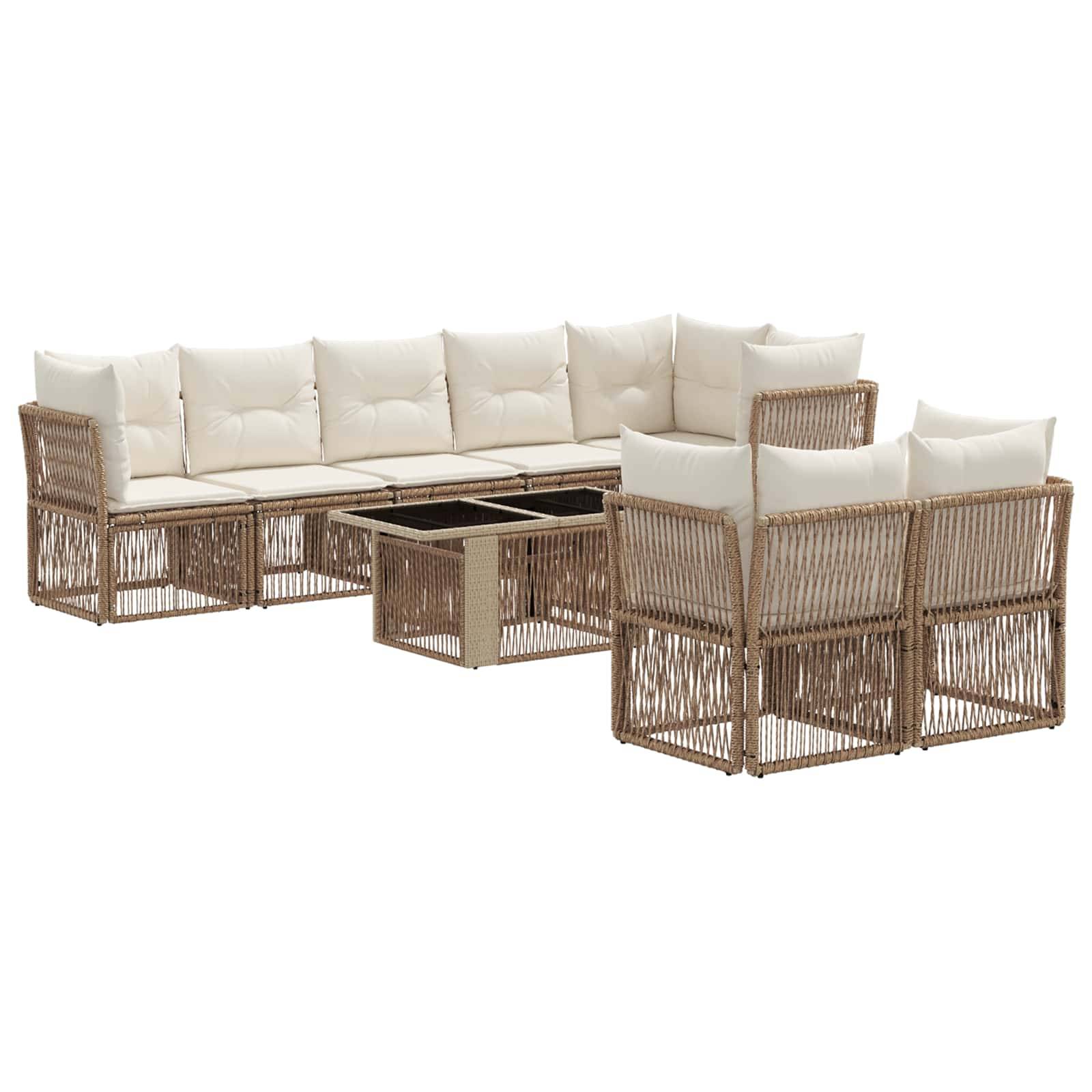 Wickel-Außensektion-Terrassenmöbel mit cremefarbenen Kissen und passendem Couchtisch, auf weißem Hintergrund dargestellt.