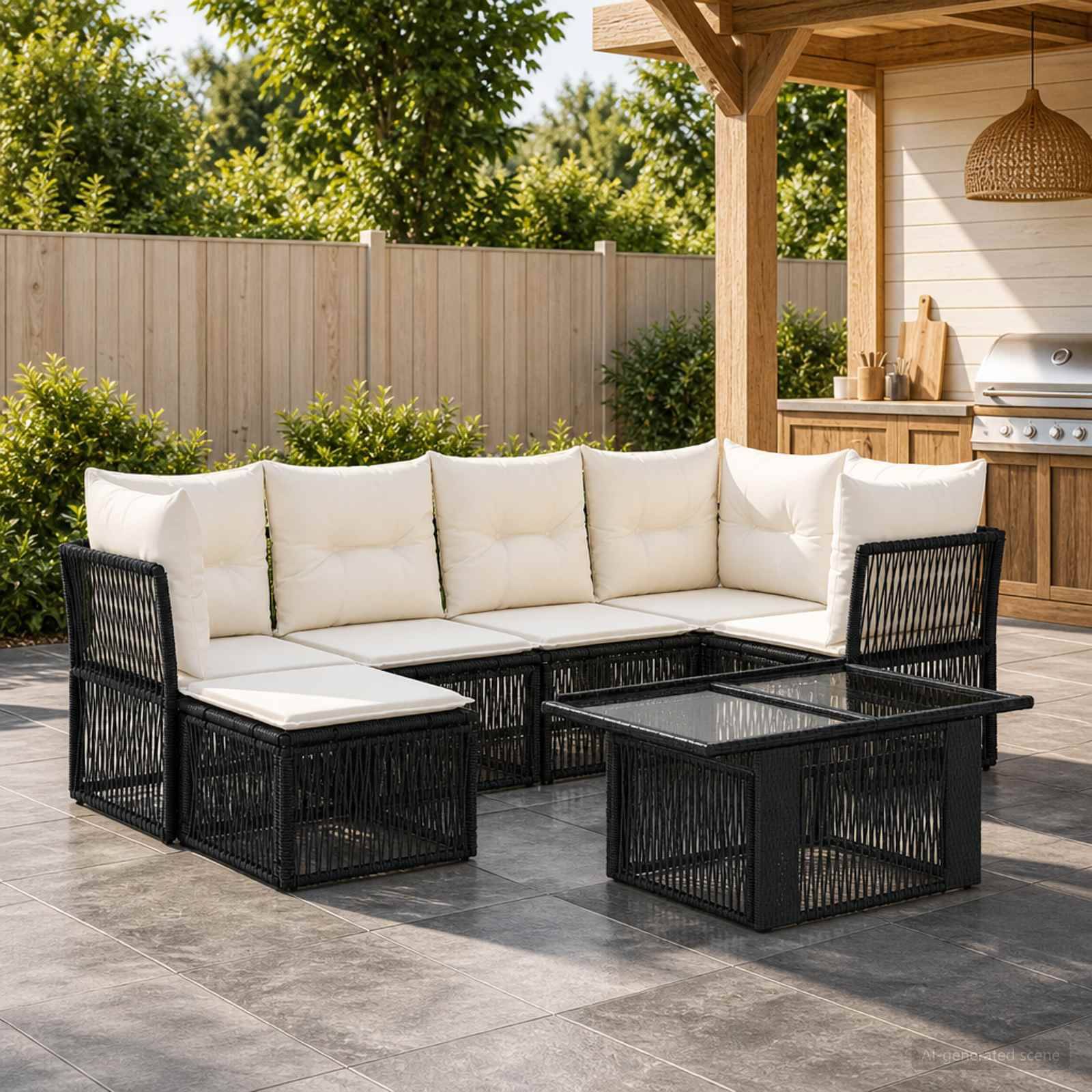 Schwarze Korbgeflecht-Außengarnitur mit cremefarbenen Kissen und glsernen Couchtischen auf einer Terrasse neben einem Outdoor-Küchenbereich mit hölzernem Pergola-Dach.